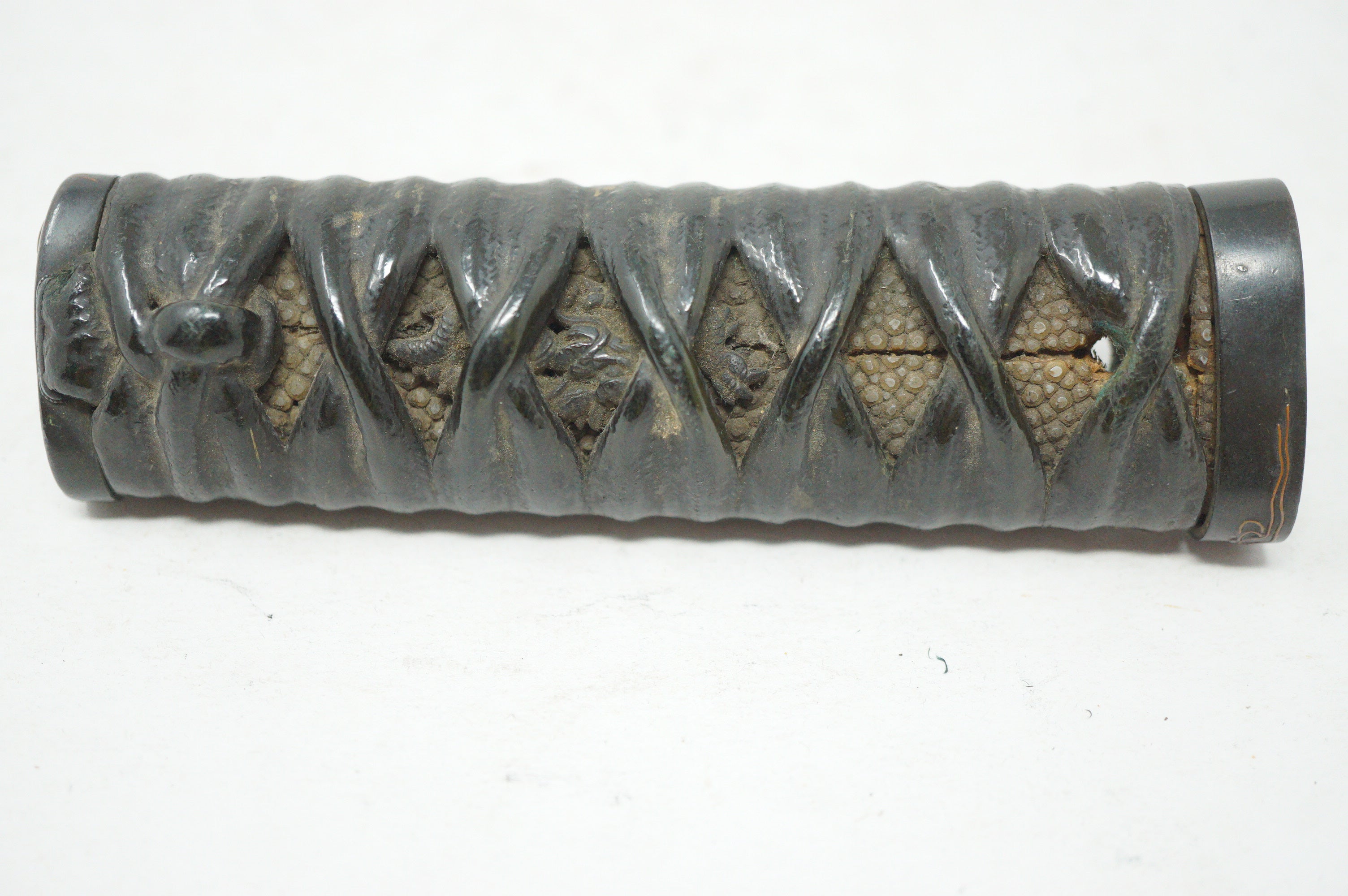 Antique Edo Period Japanese Wakizashi Tsuka • High-Relief Dragon Menuki• Lacquered Cord Wrap Sword Handle 0623G15