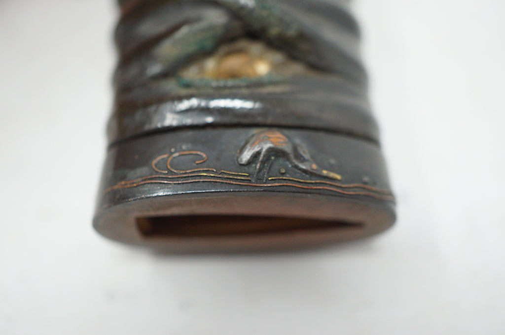 Antique Edo Period Japanese Wakizashi Tsuka • High-Relief Dragon Menuki• Lacquered Cord Wrap Sword Handle 0623G15