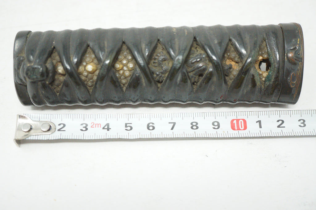 Antique Edo Period Japanese Wakizashi Tsuka • High-Relief Dragon Menuki• Lacquered Cord Wrap Sword Handle 0623G15