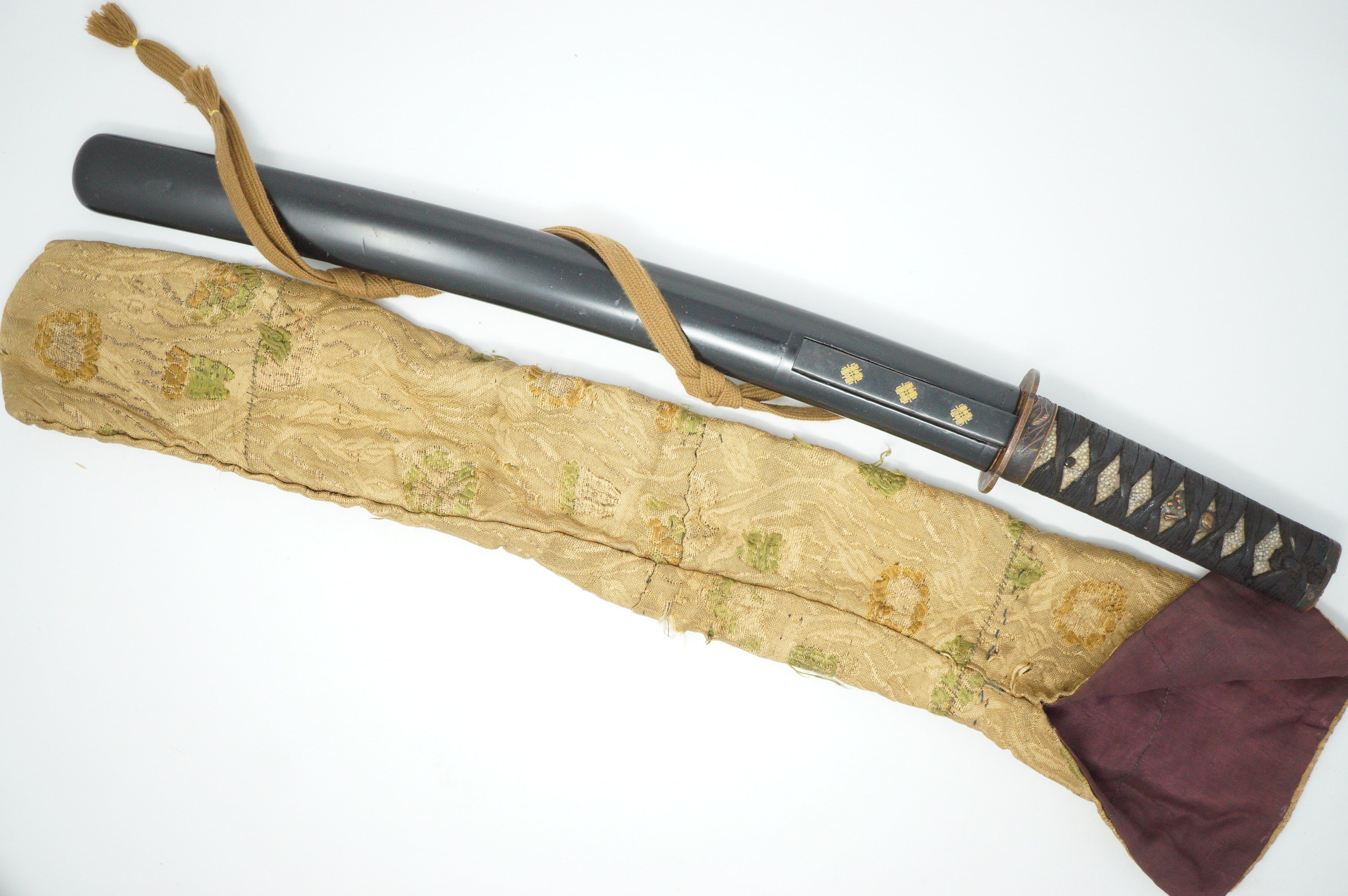 Antikes Wakizashi-Schwert, komplett mit Holzklinge, Kozuka-Messer und Originaltasche 0817D15