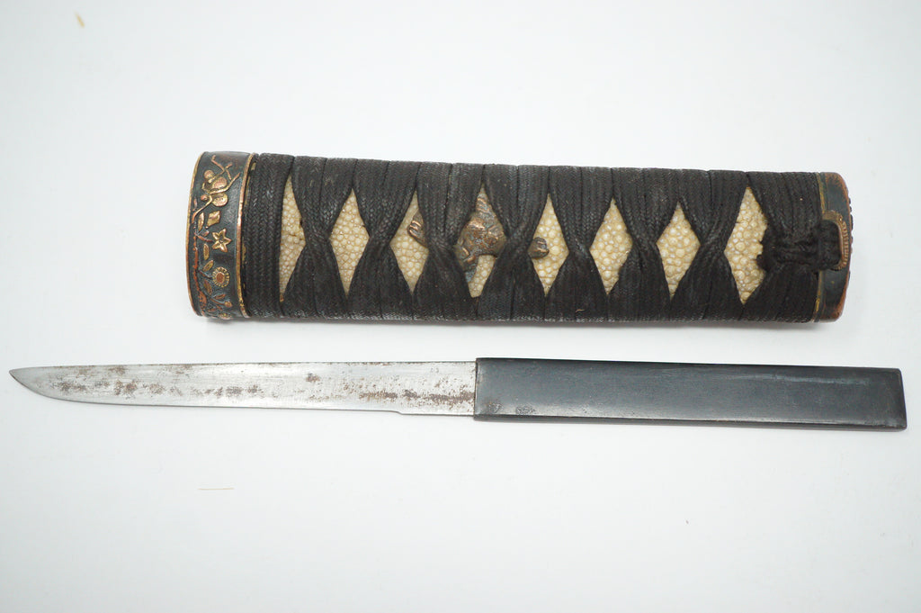 Antikes Wakizashi-Schwert, komplett mit Holzklinge, Kozuka-Messer und Originaltasche 0817D15