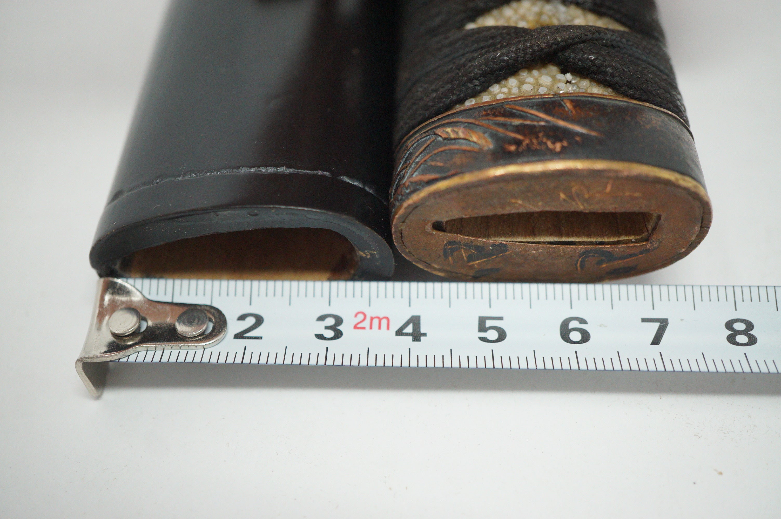 Antikes Wakizashi-Schwert, komplett mit Holzklinge, Kozuka-Messer und Originaltasche 0817D15