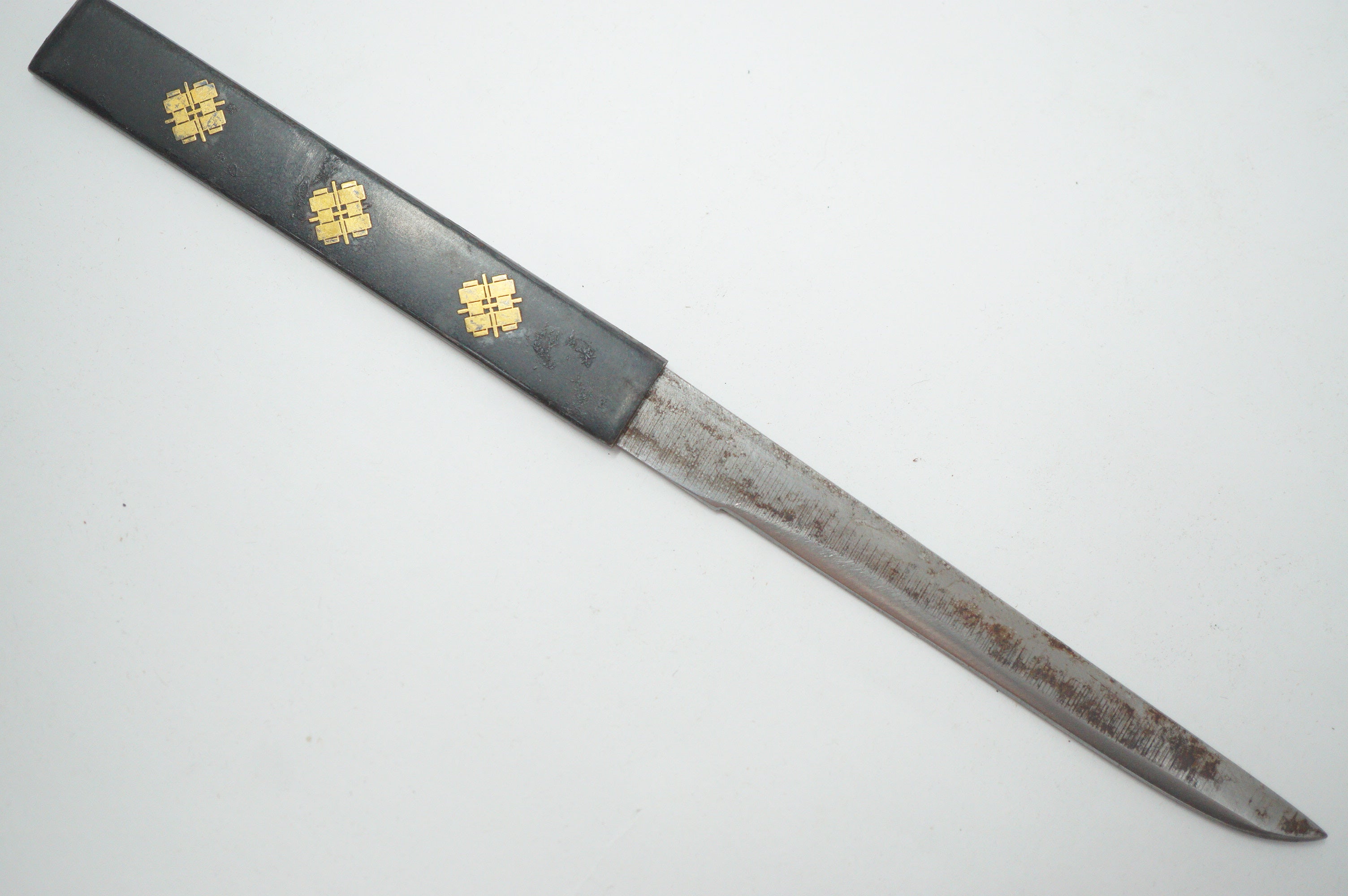Antikes Wakizashi-Schwert, komplett mit Holzklinge, Kozuka-Messer und Originaltasche 0817D15