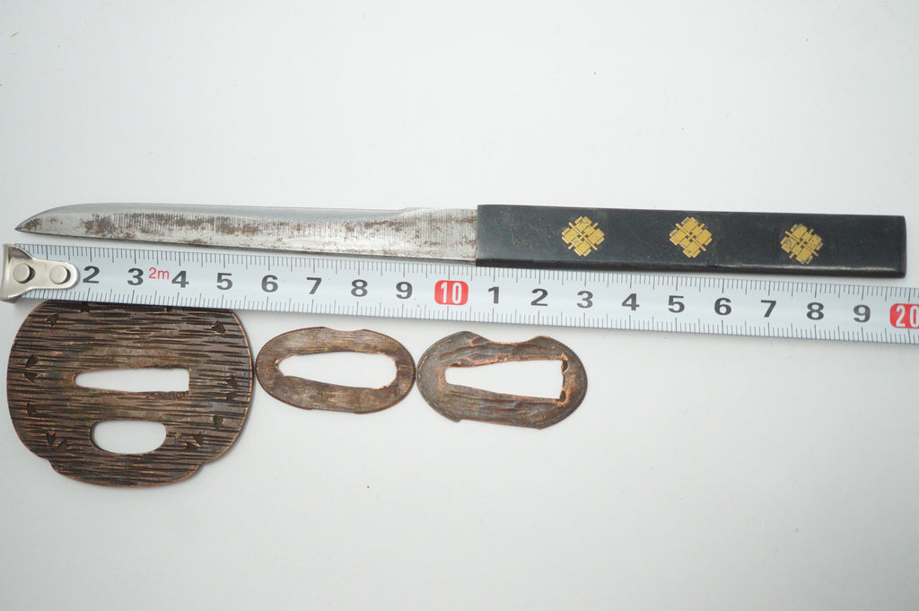 Antikes Wakizashi-Schwert, komplett mit Holzklinge, Kozuka-Messer und Originaltasche 0817D15