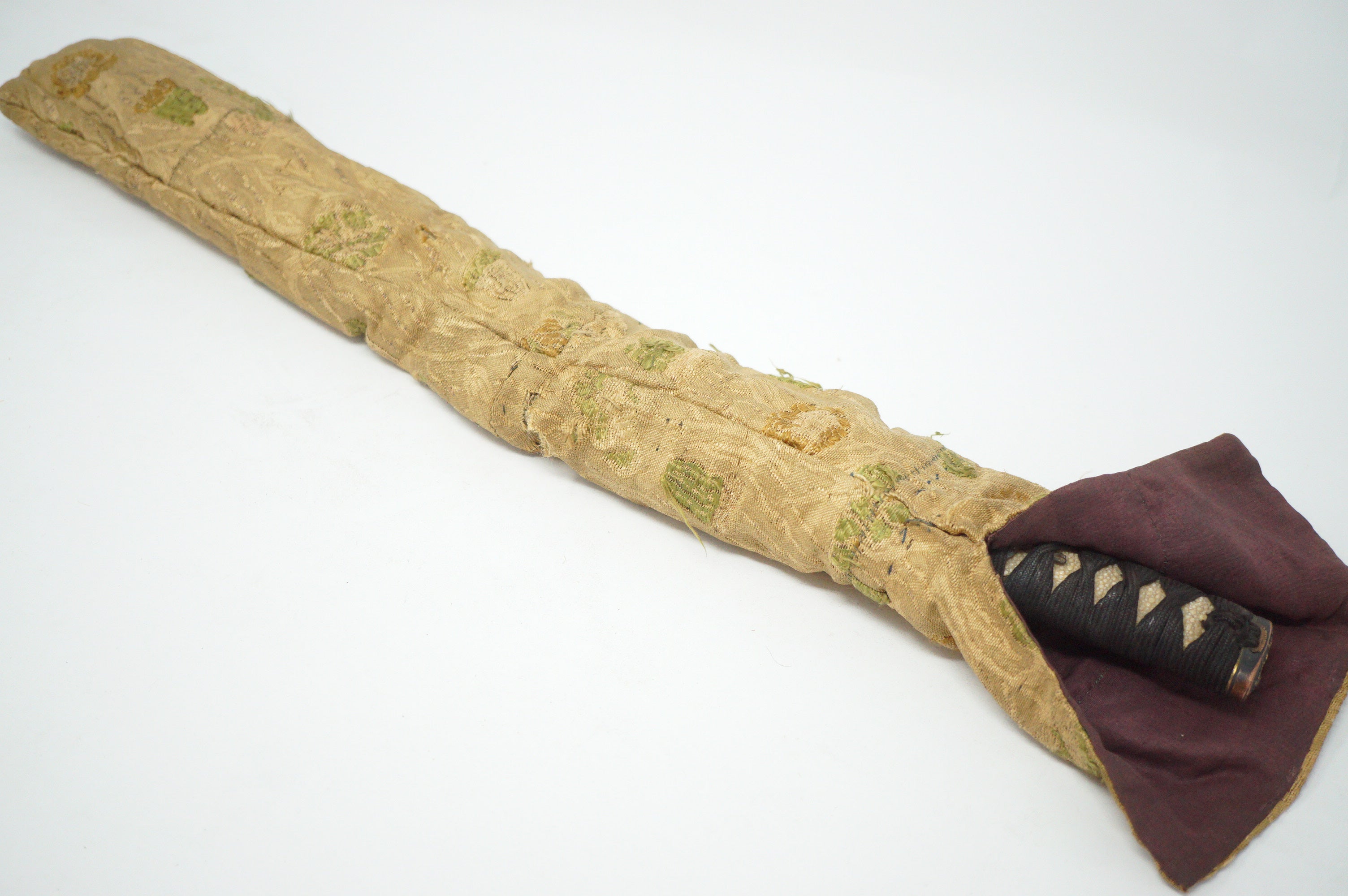 Antikes Wakizashi-Schwert, komplett mit Holzklinge, Kozuka-Messer und Originaltasche 0817D15