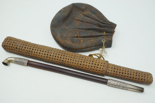 Japanese Tobacco Ire Leather Pouch with Pipe Container & Fine Silver Kiseru Antique Original 0618F15
