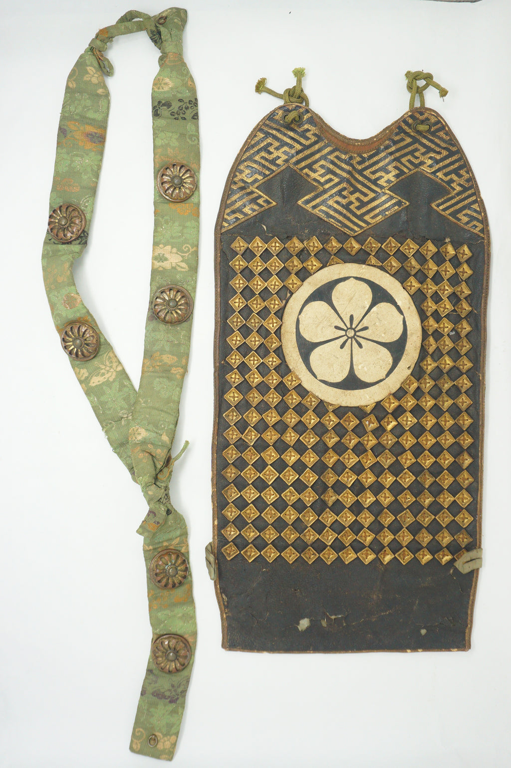 Antique Edo Period Japanese Koshia-te | Armor Hip Guard & Silk Brocade Belt | Plum Crest (Ume-mon) 0331G17