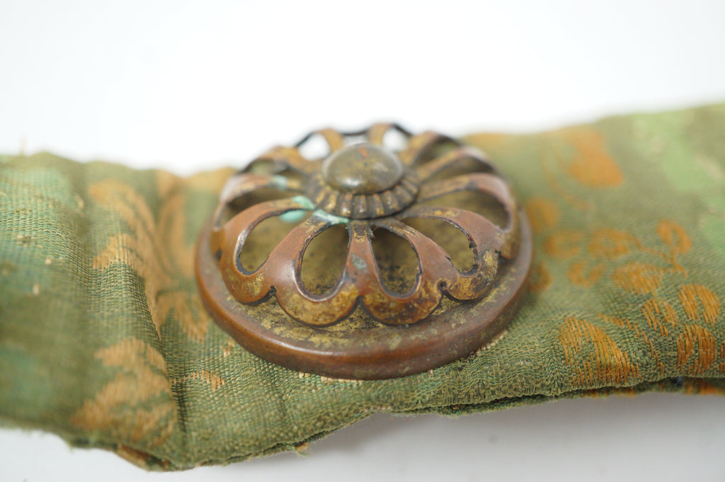 Antique Edo Period Japanese Koshia-te | Armor Hip Guard & Silk Brocade Belt | Plum Crest (Ume-mon) 0331G17