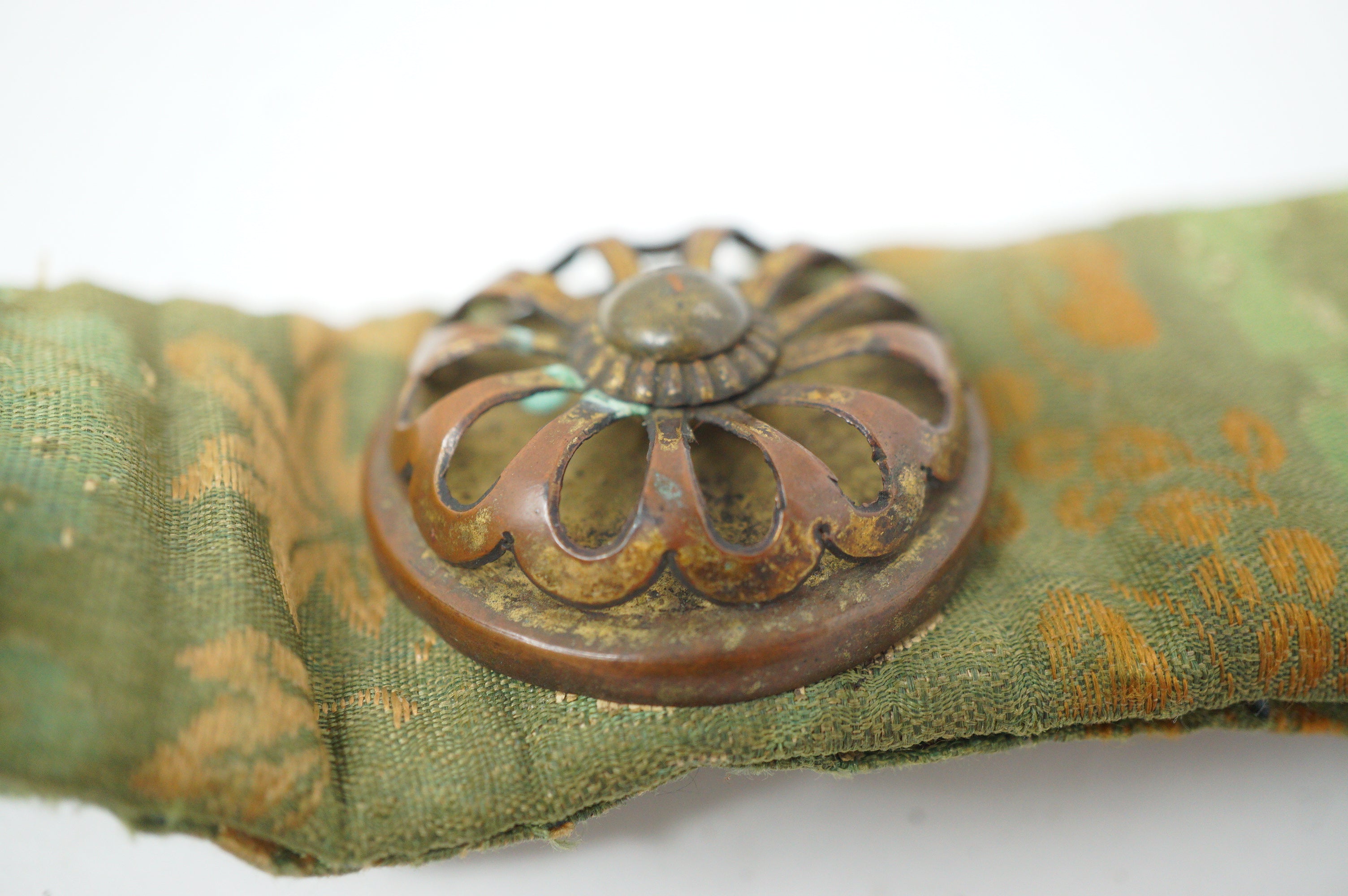 Antique Edo Period Japanese Koshia-te | Armor Hip Guard & Silk Brocade Belt | Plum Crest (Ume-mon) 0331G17