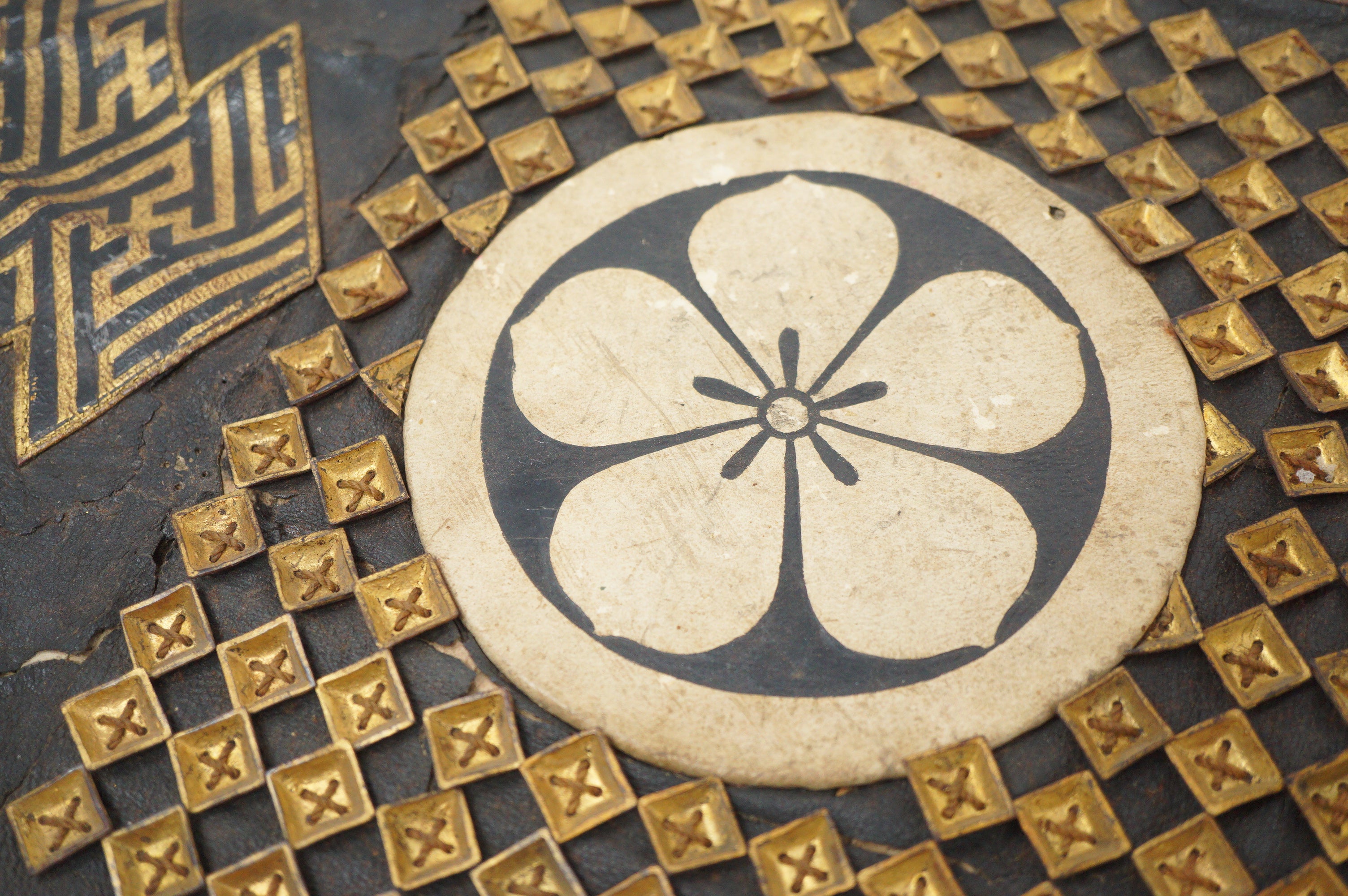 Antique Edo Period Japanese Koshia-te | Armor Hip Guard & Silk Brocade Belt | Plum Crest (Ume-mon) 0331G17