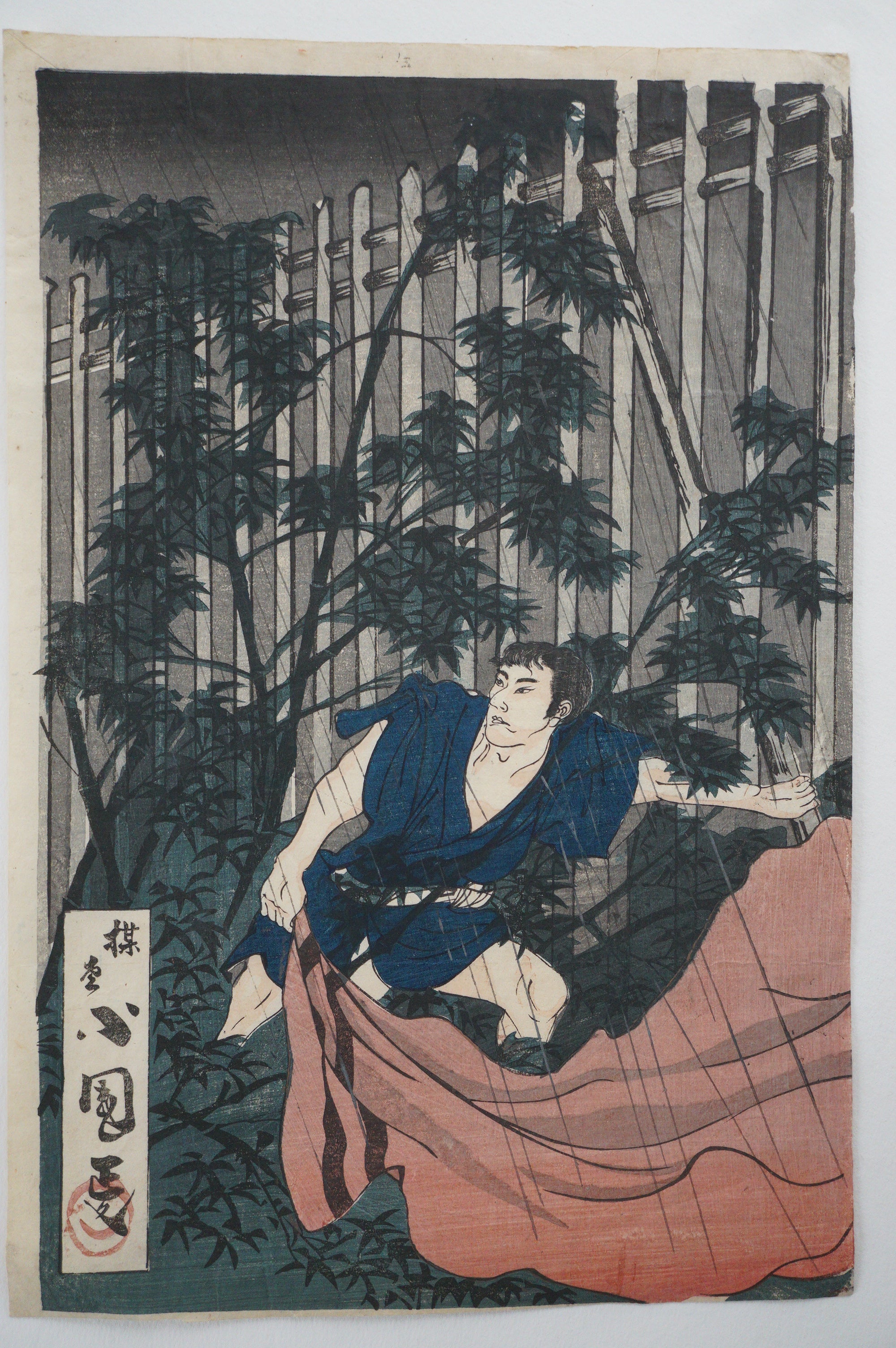 Japanischer Holzschnitt 1893 Original von Utagawa Kokunimasa - Flucht aus der Nervenklinik - 1220E18