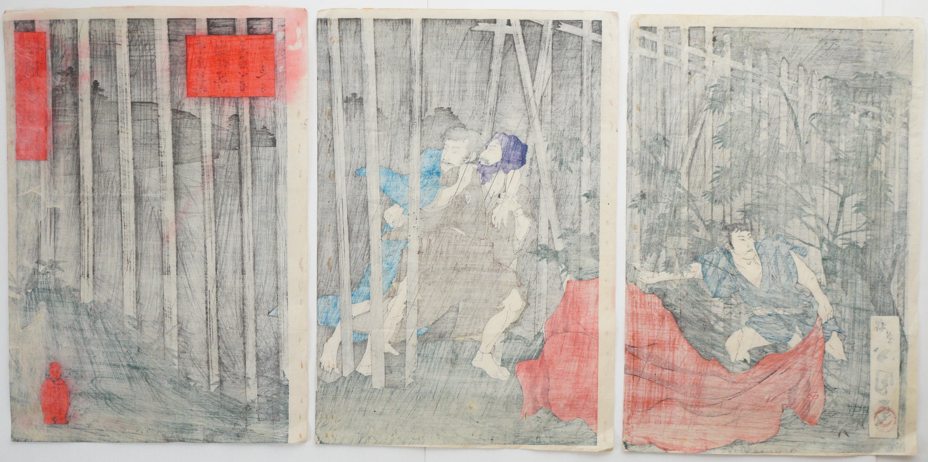 Japanischer Holzschnitt 1893 Original von Utagawa Kokunimasa - Flucht aus der Nervenklinik - 1220E18