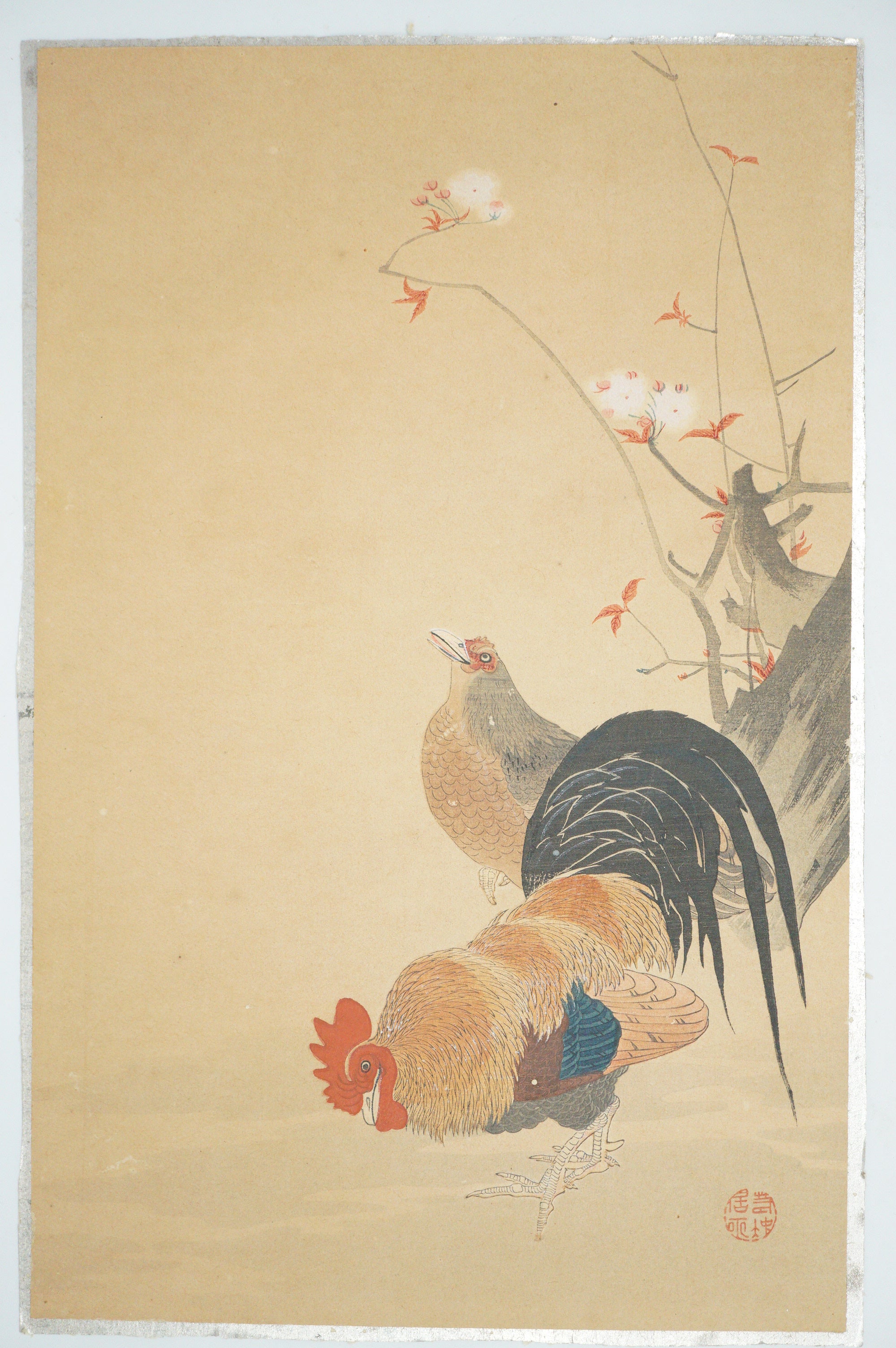 Japanese Woodblock Print -Rooster and Hen- from Japan 0105E18