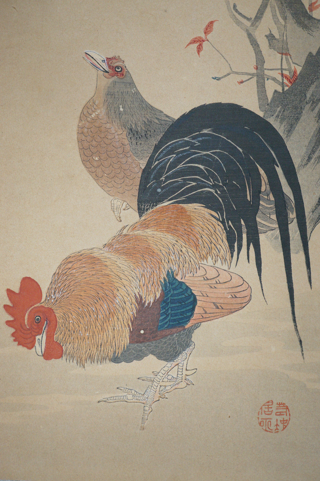 Japanese Woodblock Print -Rooster and Hen- from Japan 0105E18