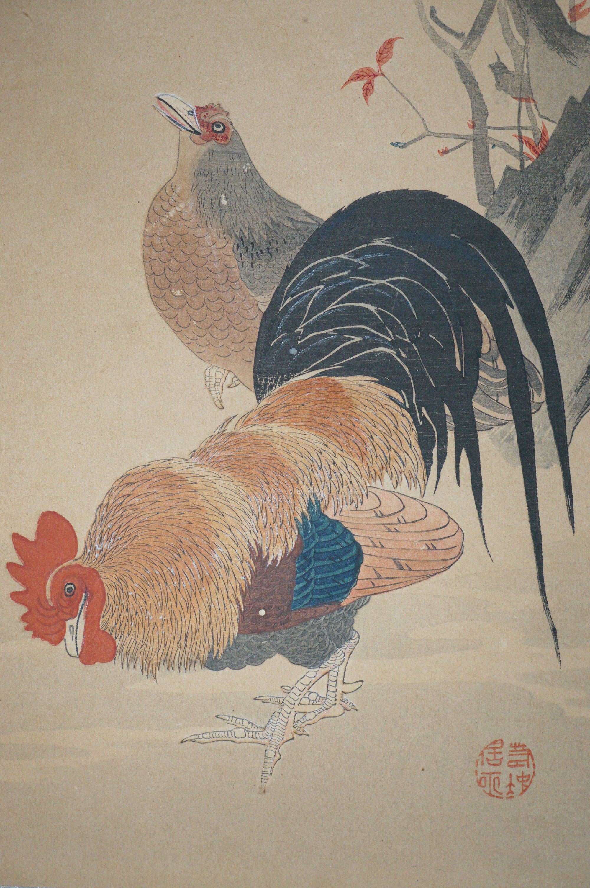 Japanese Woodblock Print -Rooster and Hen- from Japan 0105E18