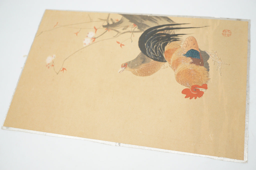 Japanese Woodblock Print -Rooster and Hen- from Japan 0105E18