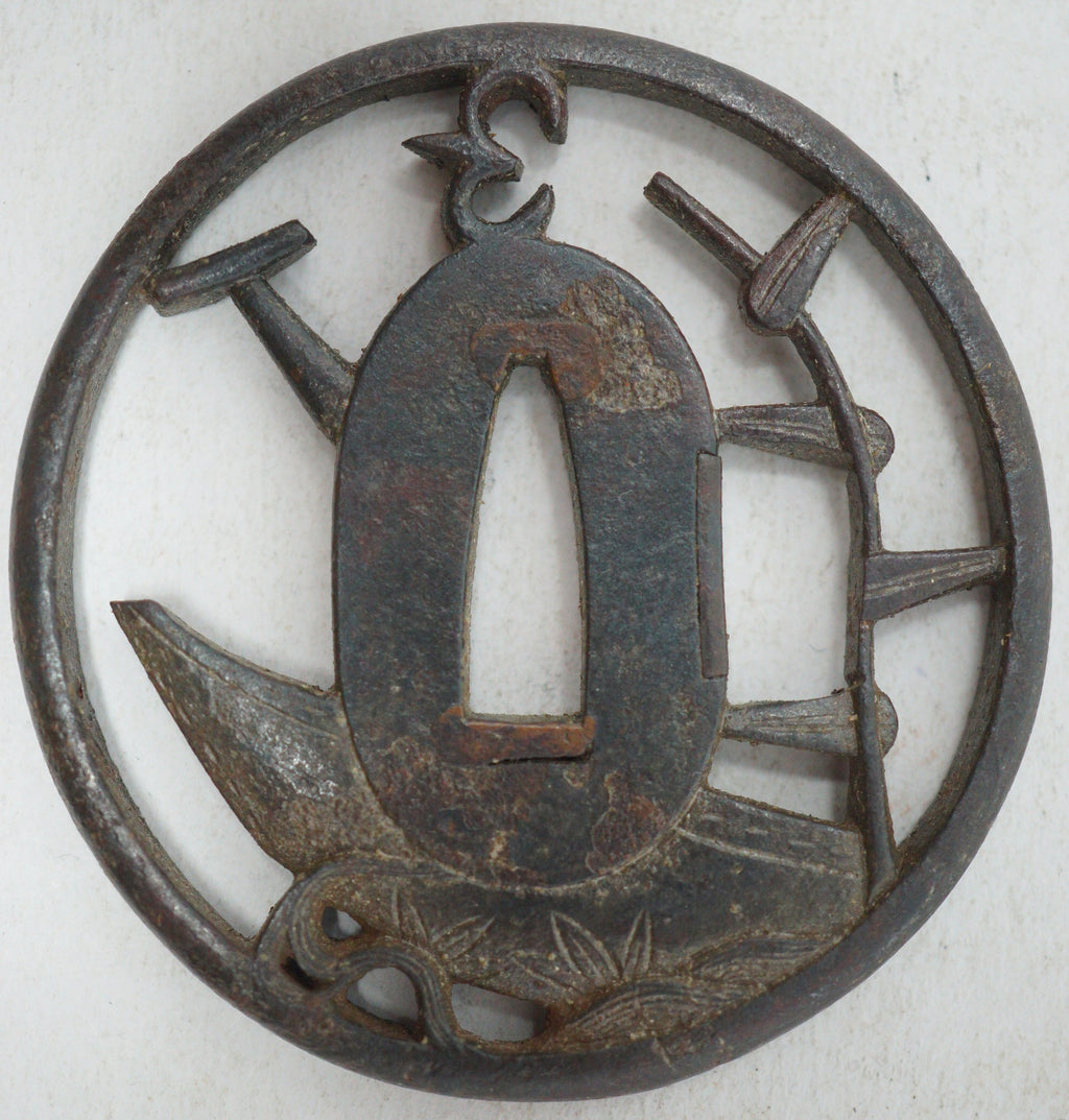 Authentic Edo Period Iron Sukashi Tsuba Sword Guard Coastal Motif for Tanto or Wakizashi 0703G19
