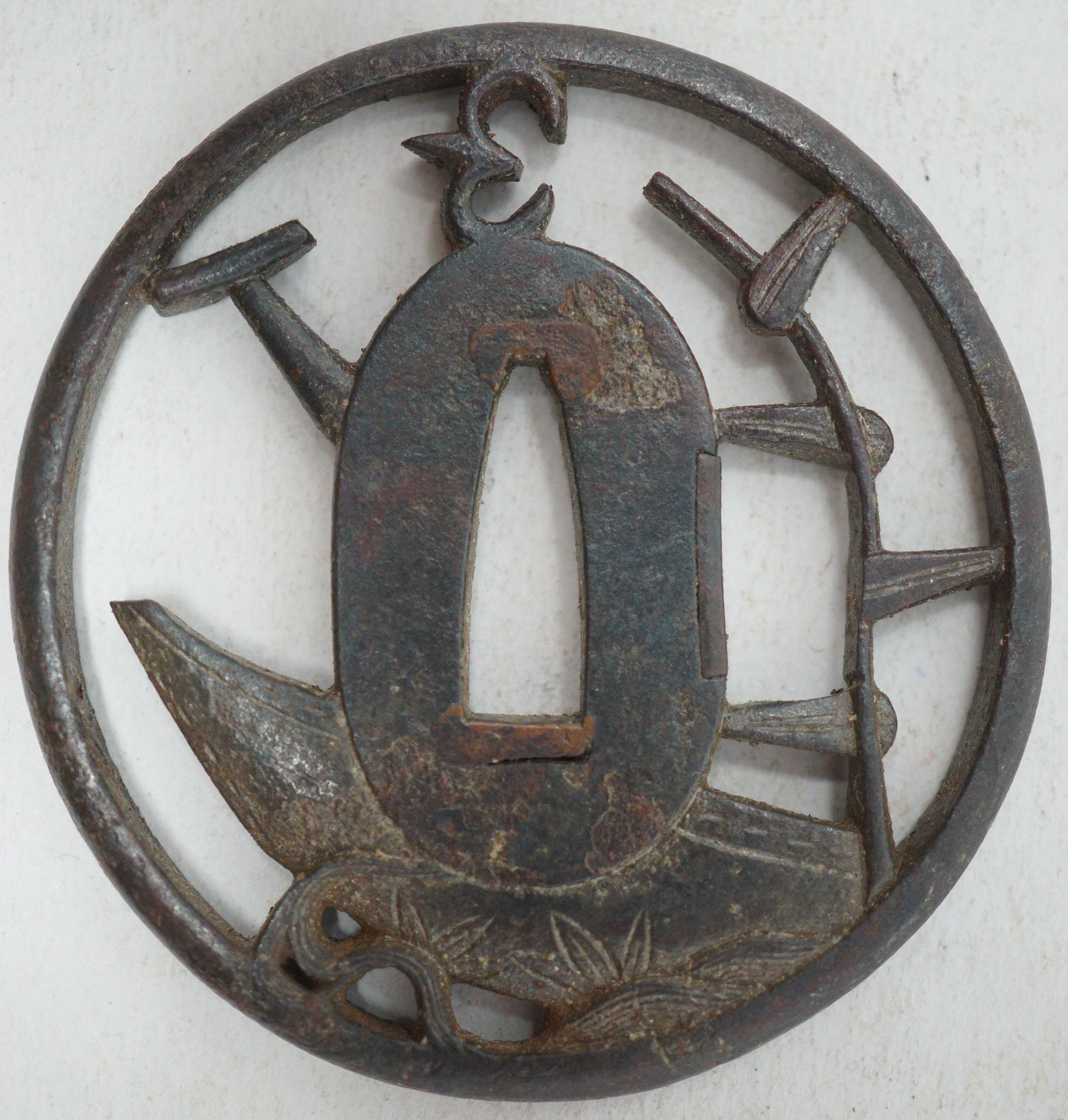 Authentic Edo Period Iron Sukashi Tsuba Sword Guard Coastal Motif for Tanto or Wakizashi 0703G19