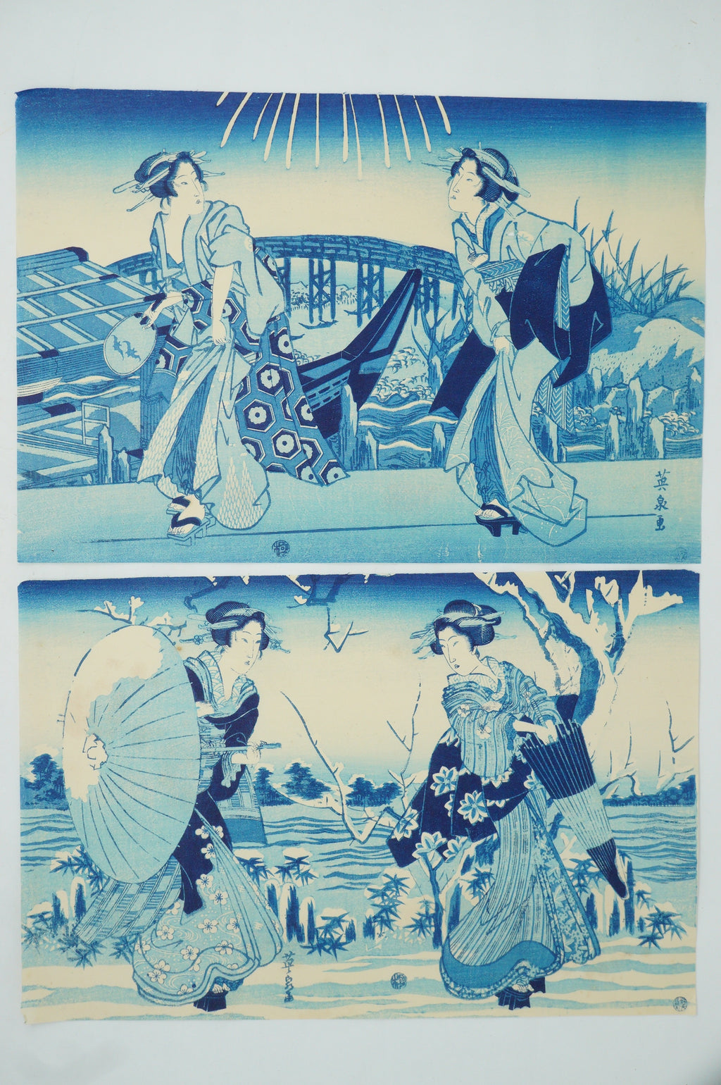 Japanischer Holzschnitt, neu geschnitzt oder Original-Set von Kaise Eisen – „Feuerwerk in Ryogoku“ 0521F19