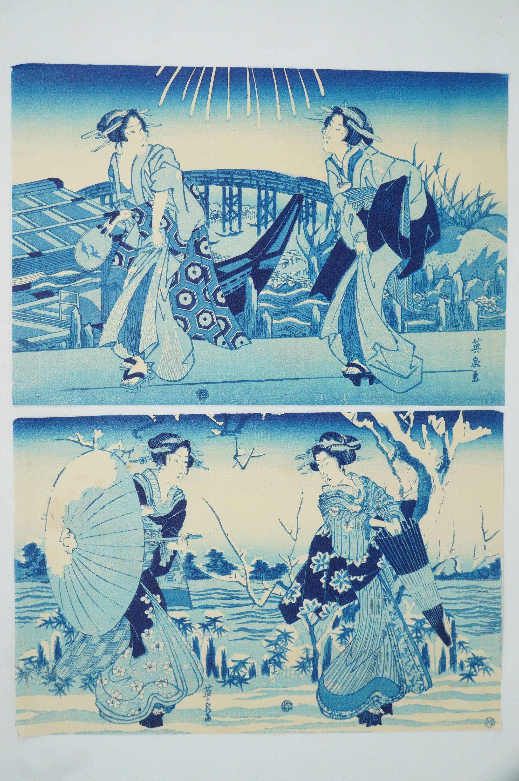 Japanischer Holzschnitt, neu geschnitzt oder Original-Set von Kaise Eisen – „Feuerwerk in Ryogoku“ 0521F19