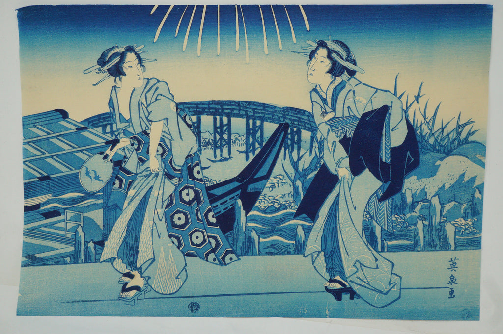 Japanischer Holzschnitt, neu geschnitzt oder Original-Set von Kaise Eisen – „Feuerwerk in Ryogoku“ 0521F19