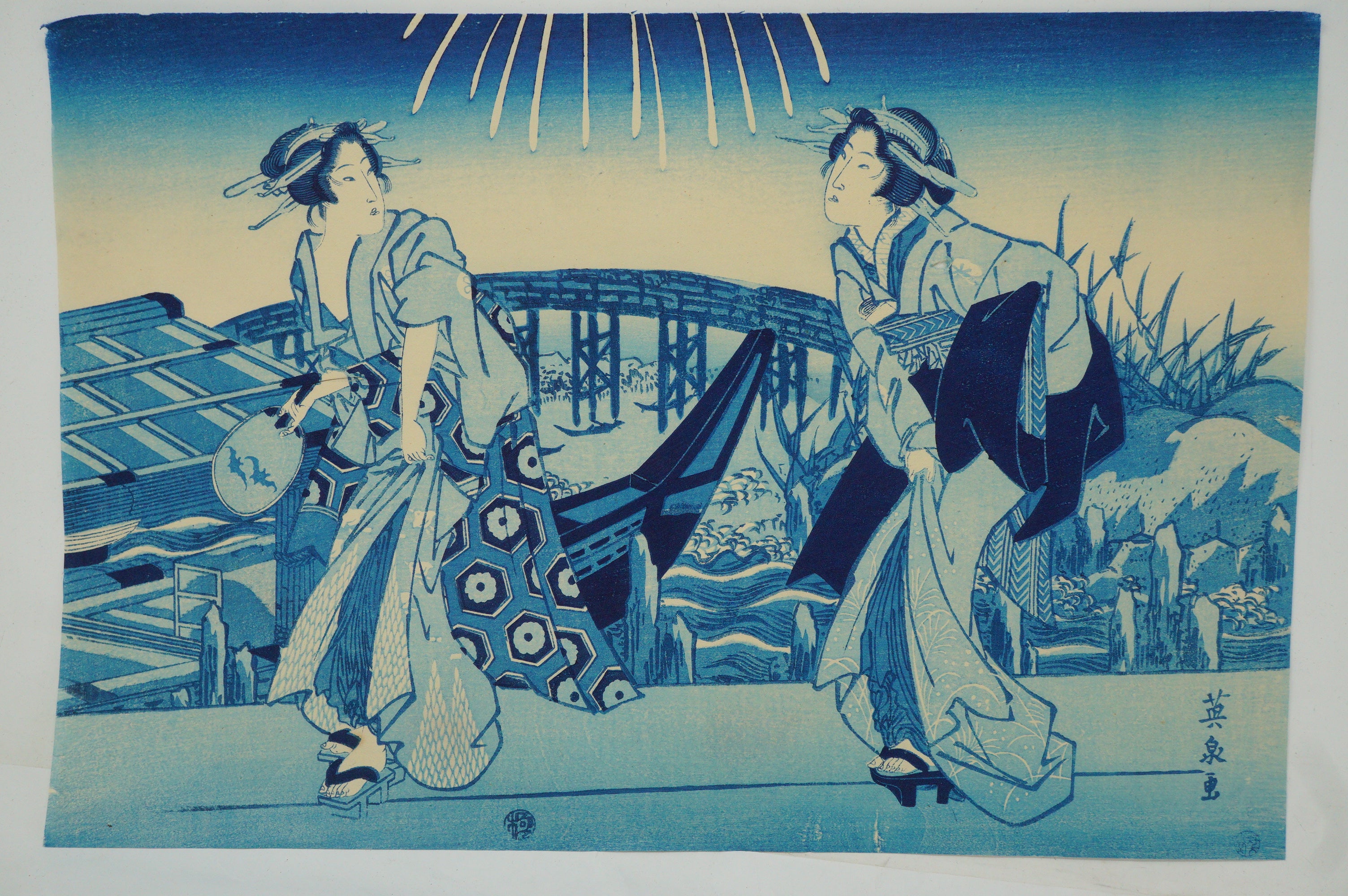 Japanischer Holzschnitt, neu geschnitzt oder Original-Set von Kaise Eisen – „Feuerwerk in Ryogoku“ 0521F19