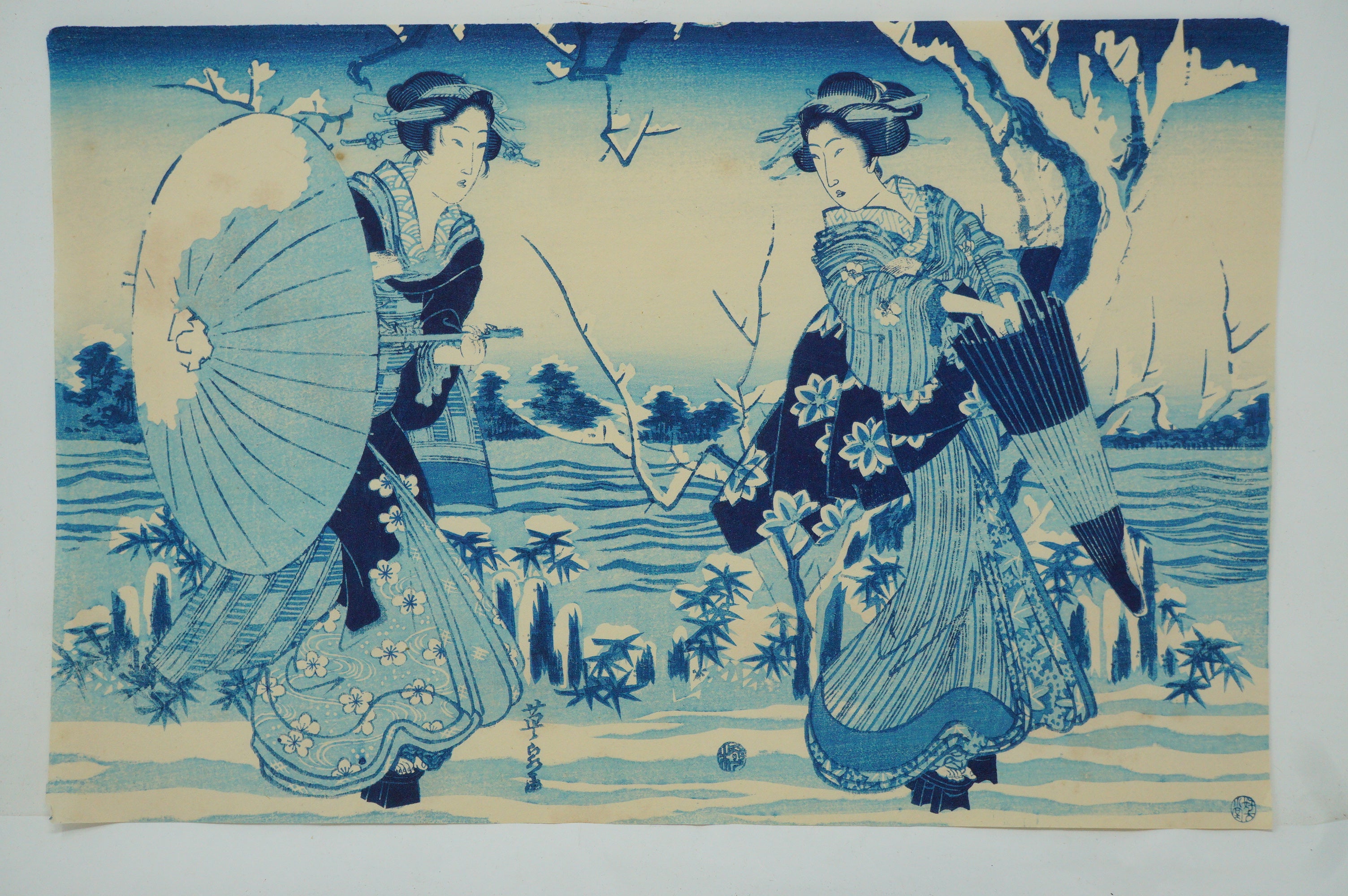 Japanischer Holzschnitt, neu geschnitzt oder Original-Set von Kaise Eisen – „Feuerwerk in Ryogoku“ 0521F19