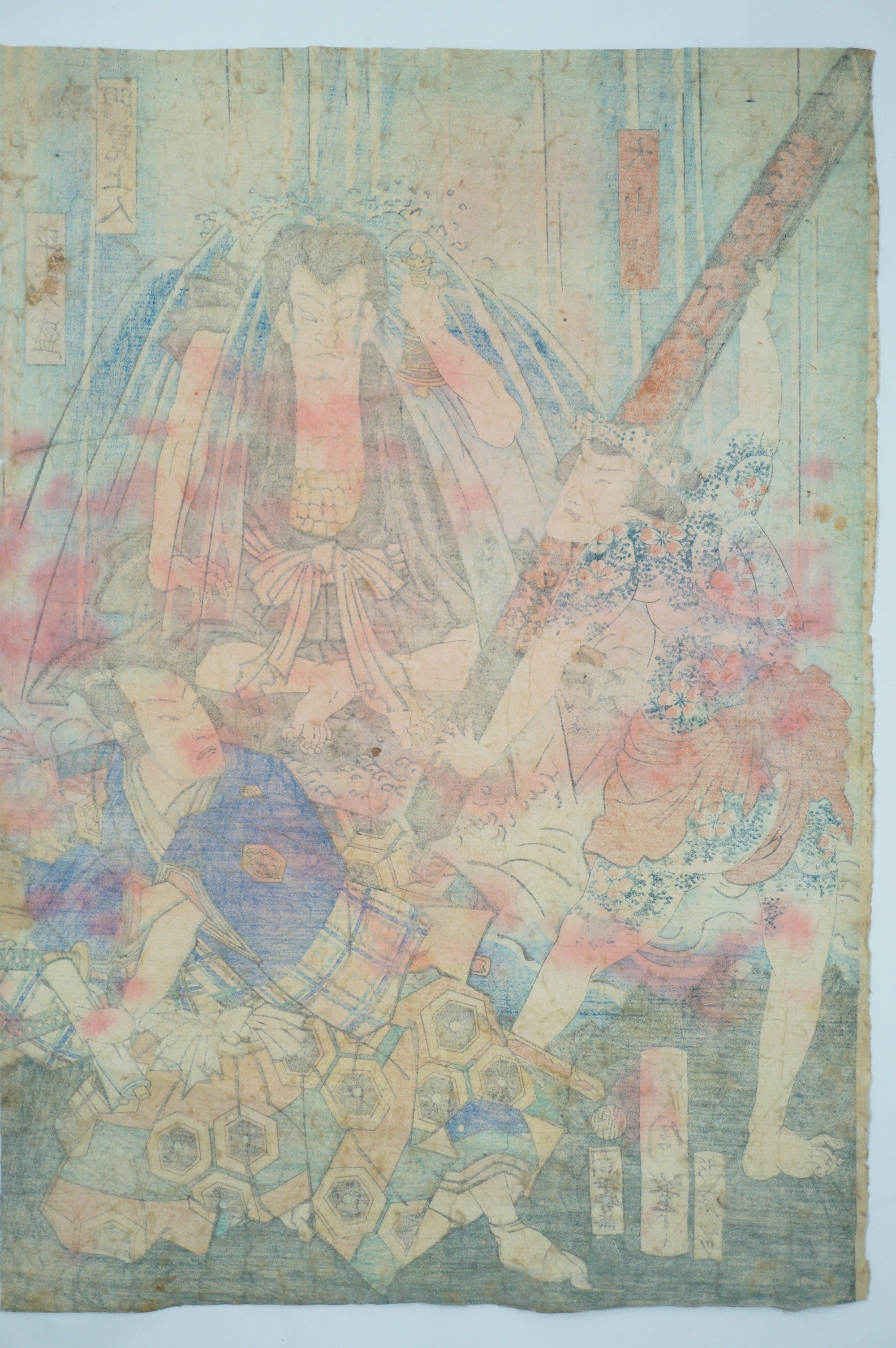 Japanischer Holzschnitt Original von Toyohara Kunichika - Kabuki-Spiel mit tätowiertem Mann - aus Japan 0129F1