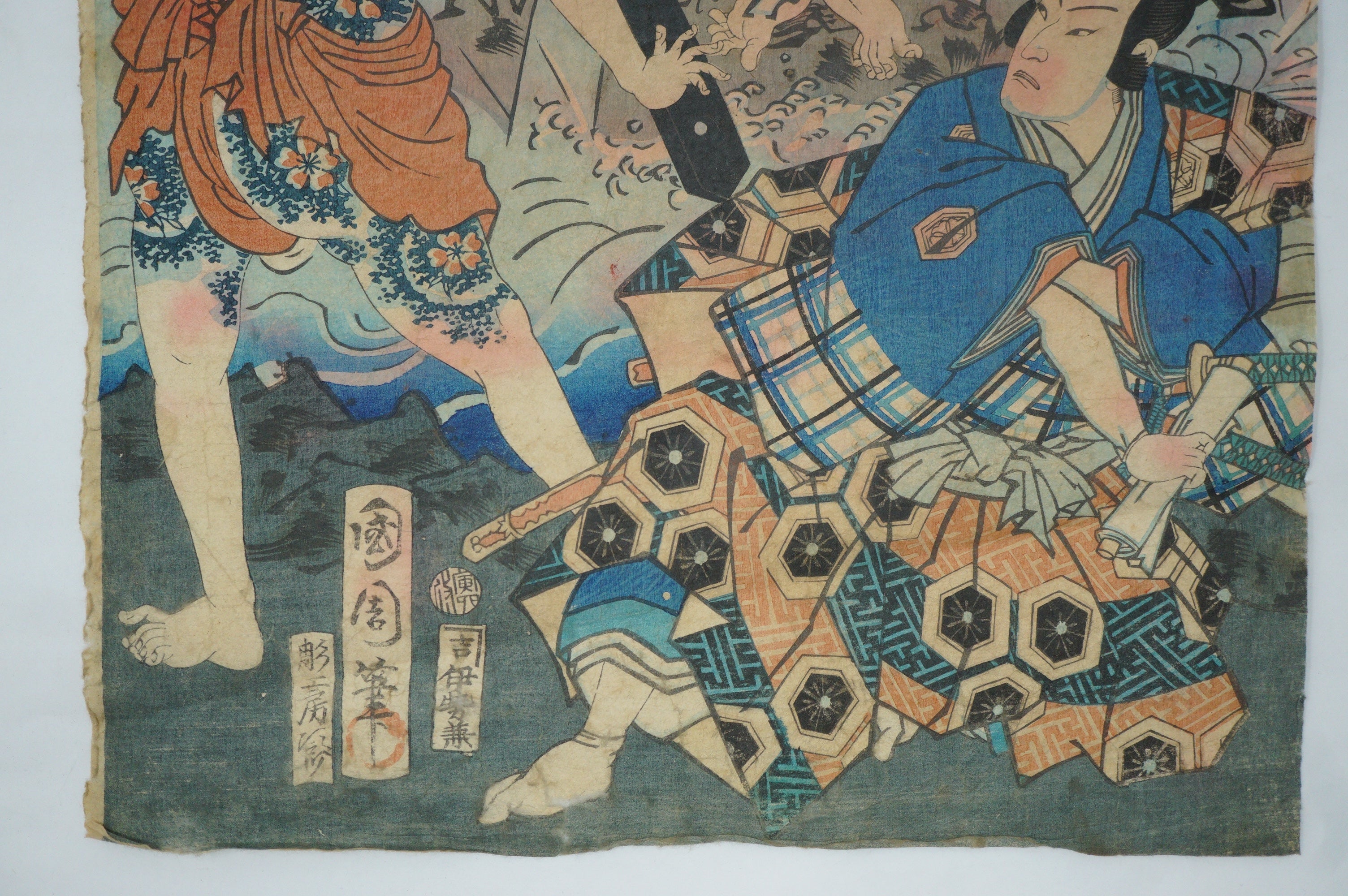 Japanischer Holzschnitt Original von Toyohara Kunichika - Kabuki-Spiel mit tätowiertem Mann - aus Japan 0129F1