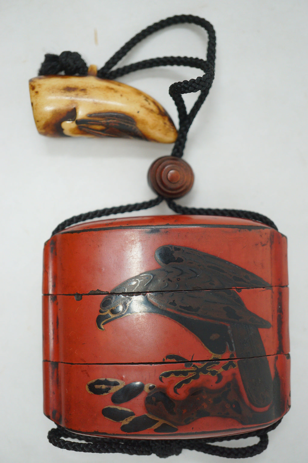 Antique Japanese Red Urushi Lacquer Falcon Inro Bird Netsuke Ojime in Wooden Box 0914G1