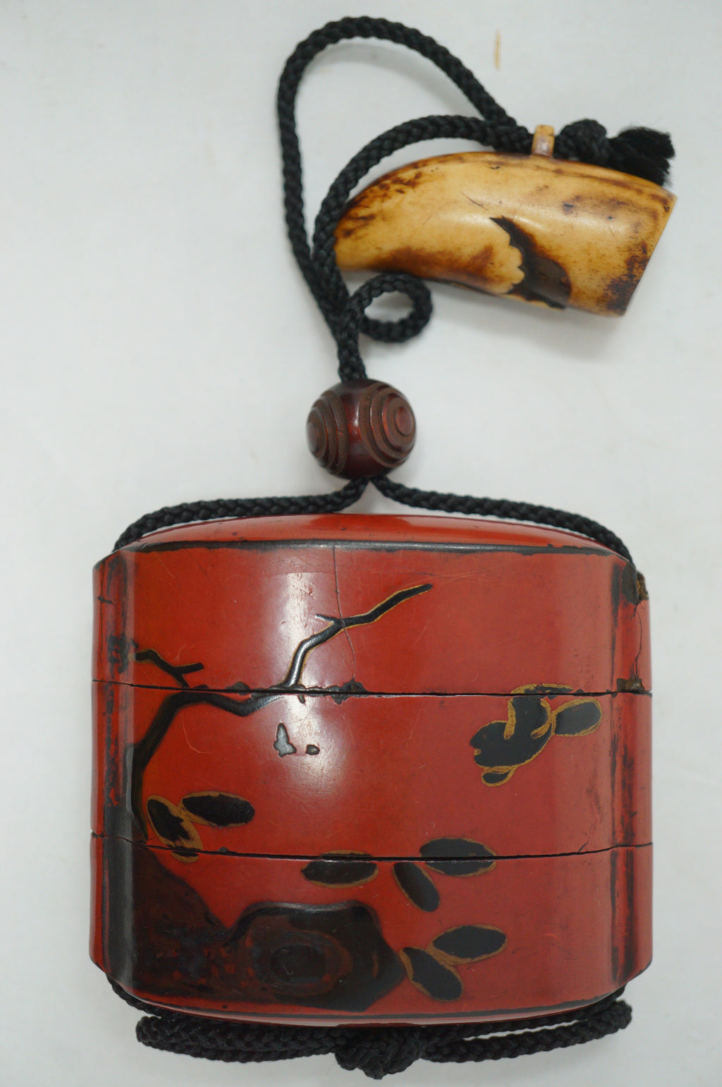 Antique Japanese Red Urushi Lacquer Falcon Inro Bird Netsuke Ojime in Wooden Box 0914G1