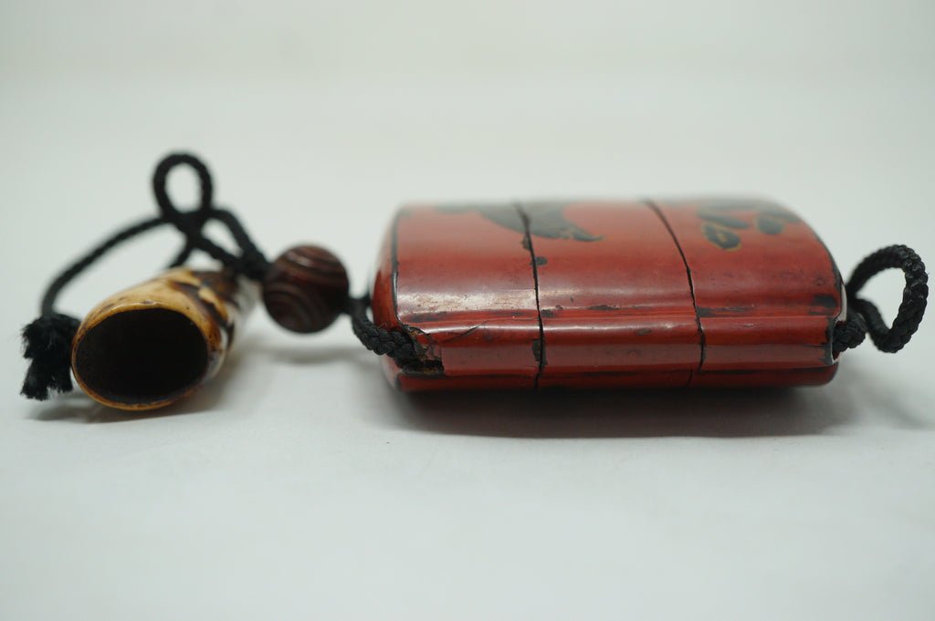 Antique Japanese Red Urushi Lacquer Falcon Inro Bird Netsuke Ojime in Wooden Box 0914G1