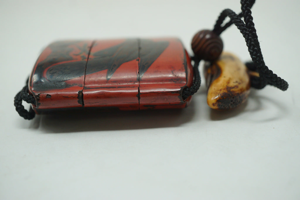 Antique Japanese Red Urushi Lacquer Falcon Inro Bird Netsuke Ojime in Wooden Box 0914G1