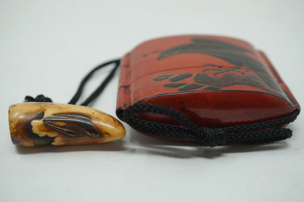 Antique Japanese Red Urushi Lacquer Falcon Inro Bird Netsuke Ojime in Wooden Box 0914G1