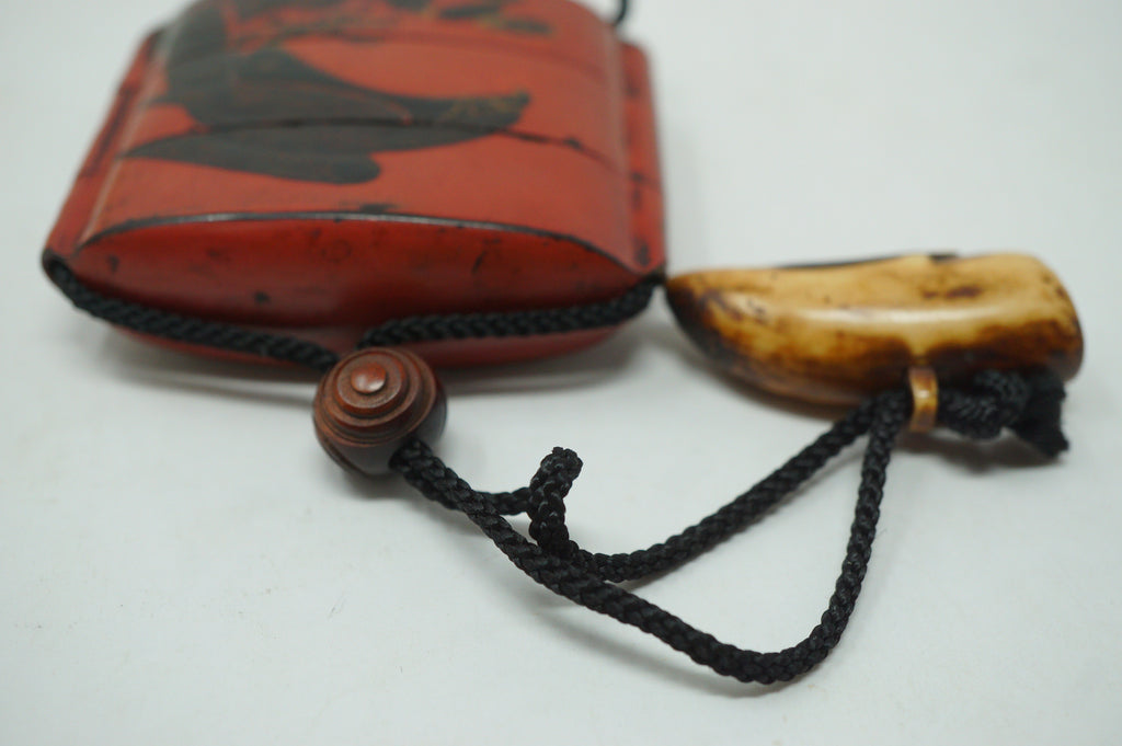 Antique Japanese Red Urushi Lacquer Falcon Inro Bird Netsuke Ojime in Wooden Box 0914G1
