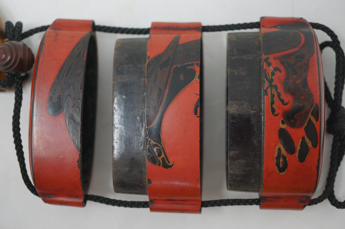 Antique Japanese Red Urushi Lacquer Falcon Inro Bird Netsuke Ojime in Wooden Box 0914G1