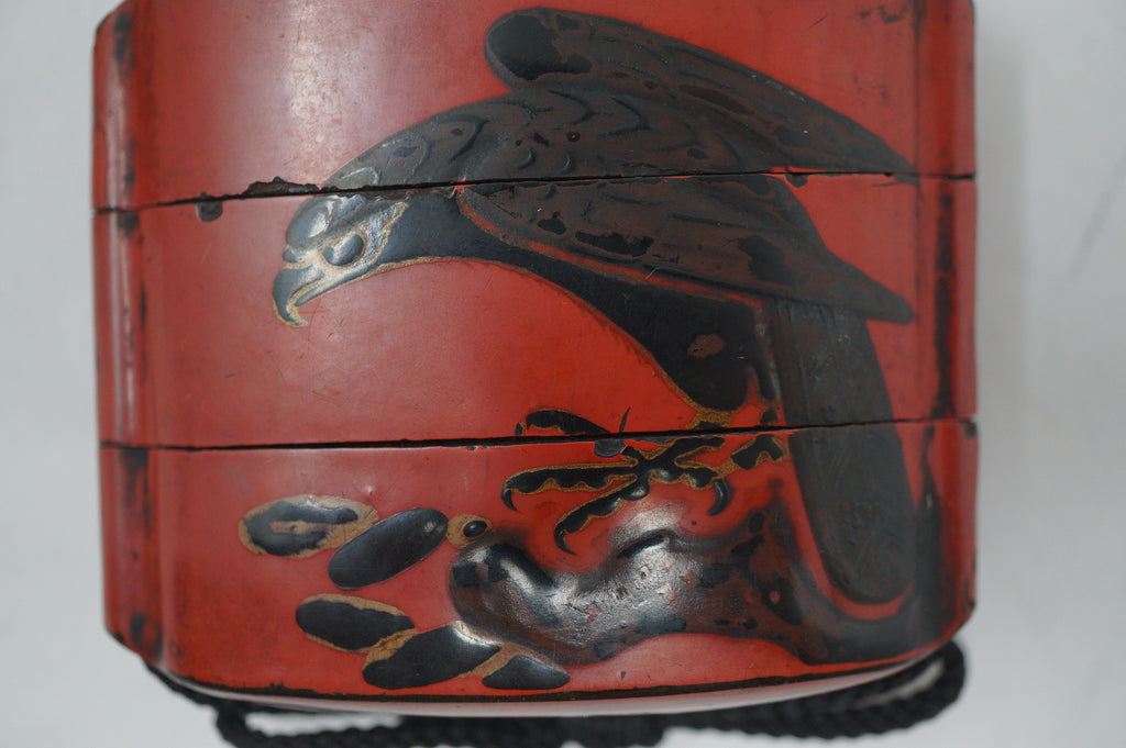 Antique Japanese Red Urushi Lacquer Falcon Inro Bird Netsuke Ojime in Wooden Box 0914G1