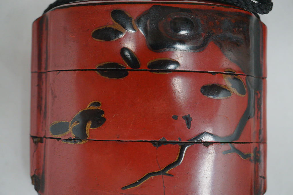 Antique Japanese Red Urushi Lacquer Falcon Inro Bird Netsuke Ojime in Wooden Box 0914G1