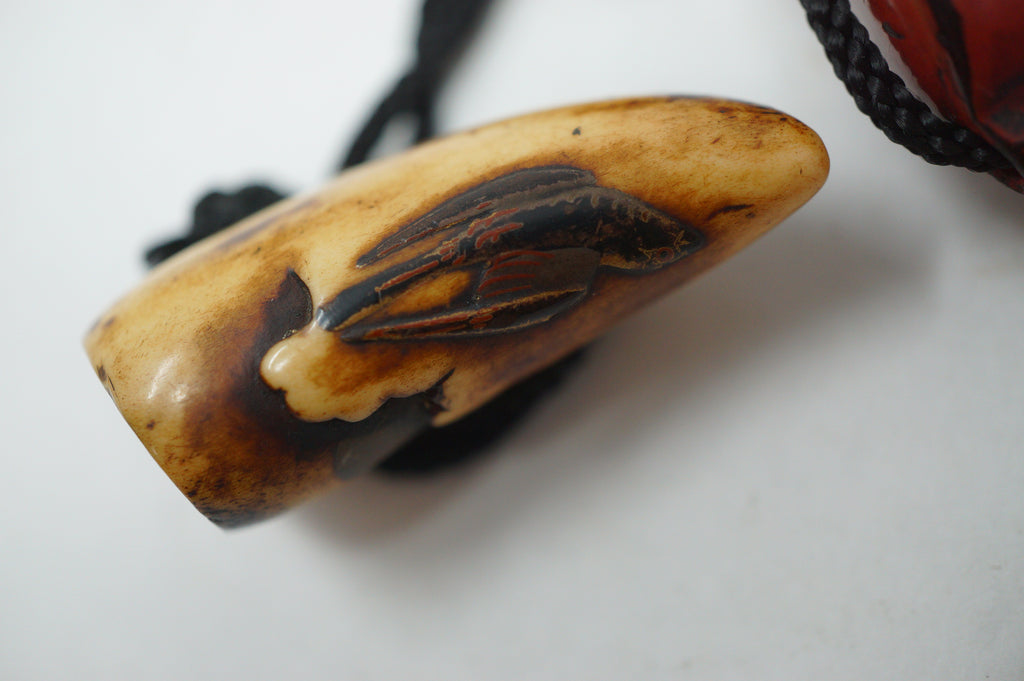 Antique Japanese Red Urushi Lacquer Falcon Inro Bird Netsuke Ojime in Wooden Box 0914G1
