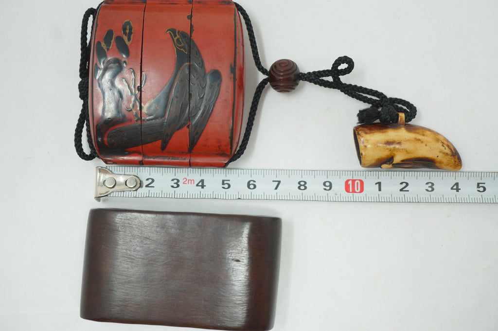 Antique Japanese Red Urushi Lacquer Falcon Inro Bird Netsuke Ojime in Wooden Box 0914G1