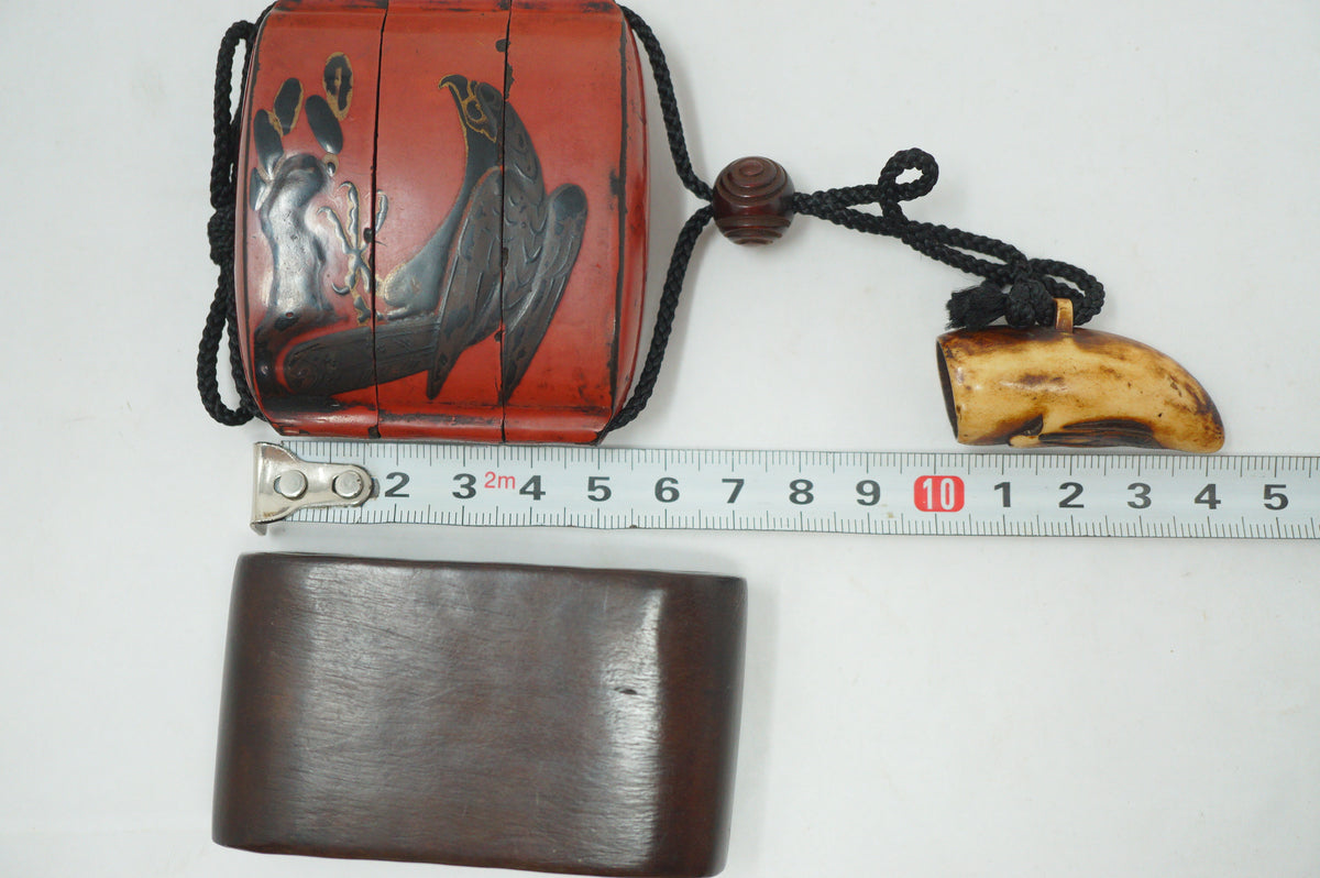Antique Japanese Red Urushi Lacquer Falcon Inro Bird Netsuke Ojime in Wooden Box 0914G1