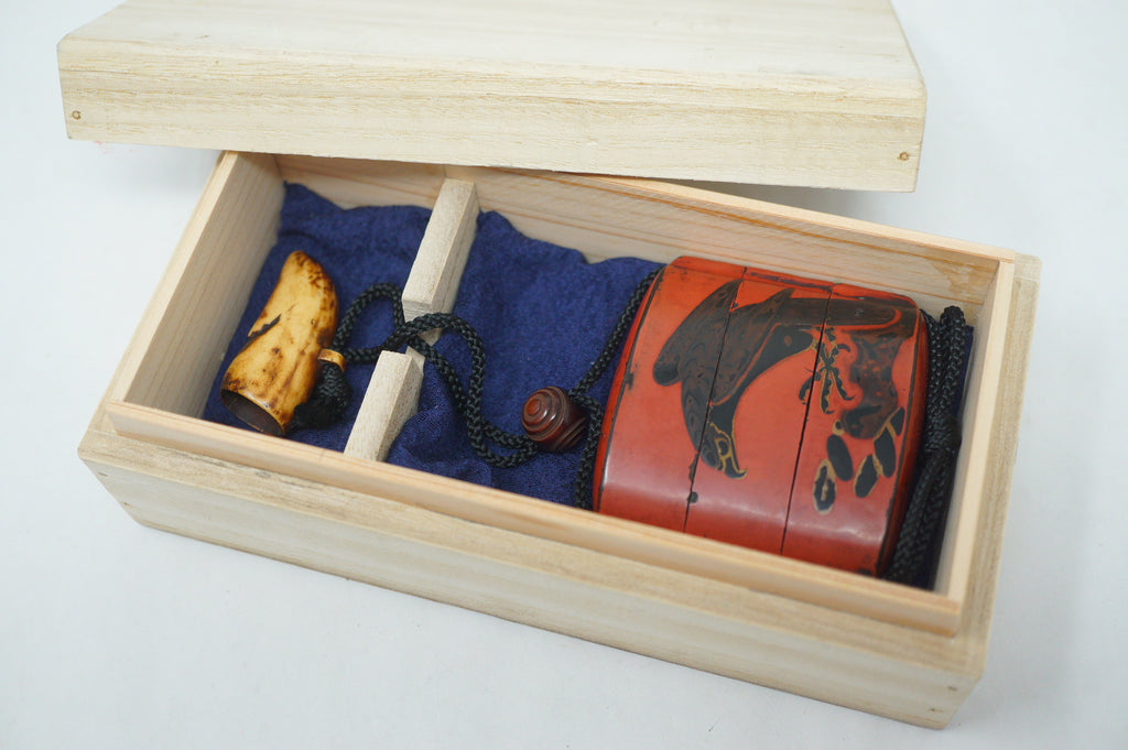 Antique Japanese Red Urushi Lacquer Falcon Inro Bird Netsuke Ojime in Wooden Box 0914G1