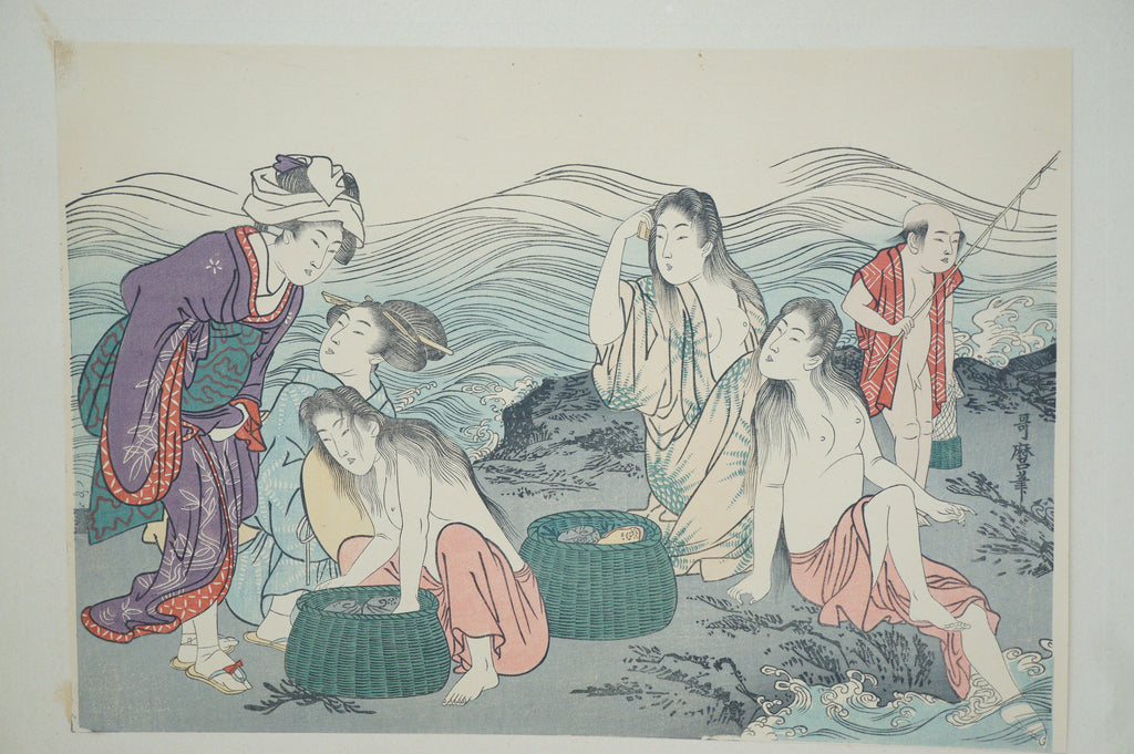 Japanese Quality 1920s Woodblock Reprint Set by Kitagawa Utamaro - Girl Fishers & Bathers 0904E1
