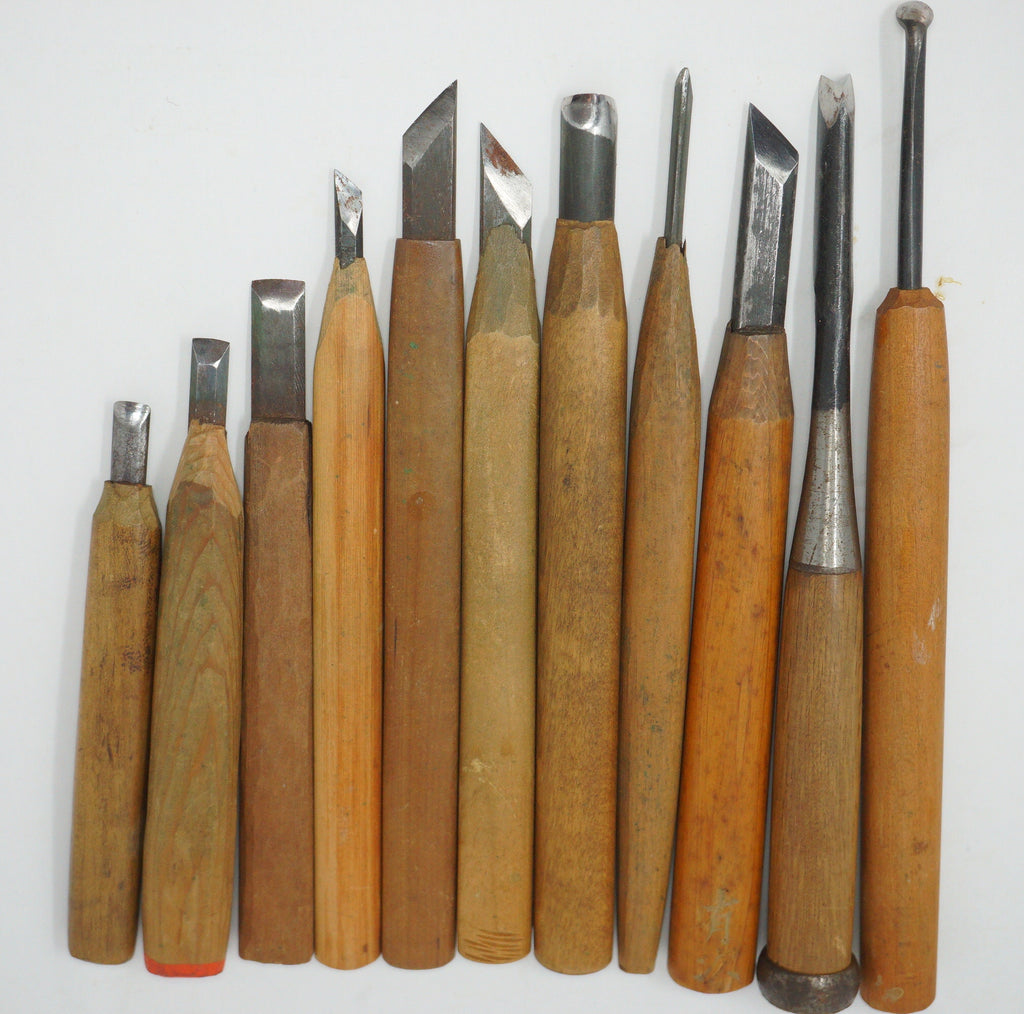 Japanese Vintage Wood Carving Knife set of 10 Sharp & Original Tools from Japan 1012D1