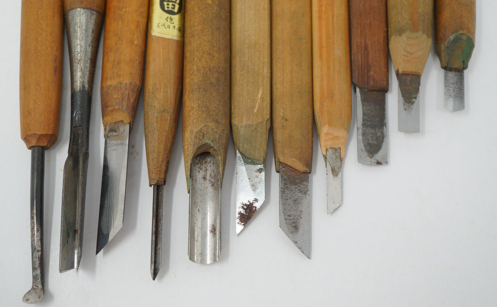 Japanese Vintage Wood Carving Knife set of 10 Sharp & Original Tools from Japan 1012D1