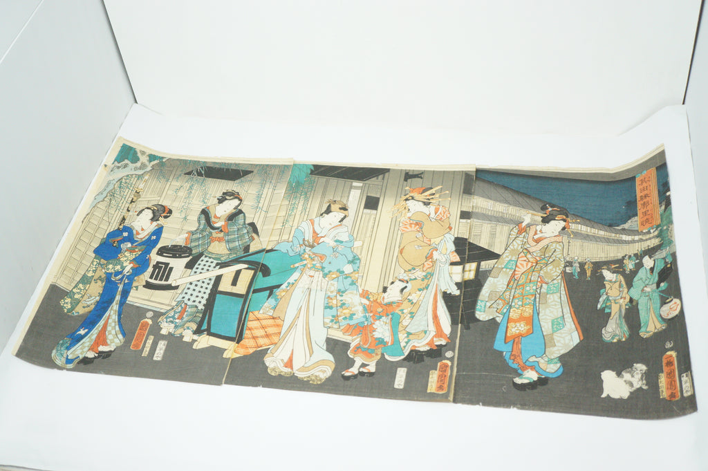 Japanischer Holzschnitt 1863 Original Triptychon von Toyohara Kunichika -Der Yoshiwara Bezirk- 0912E1