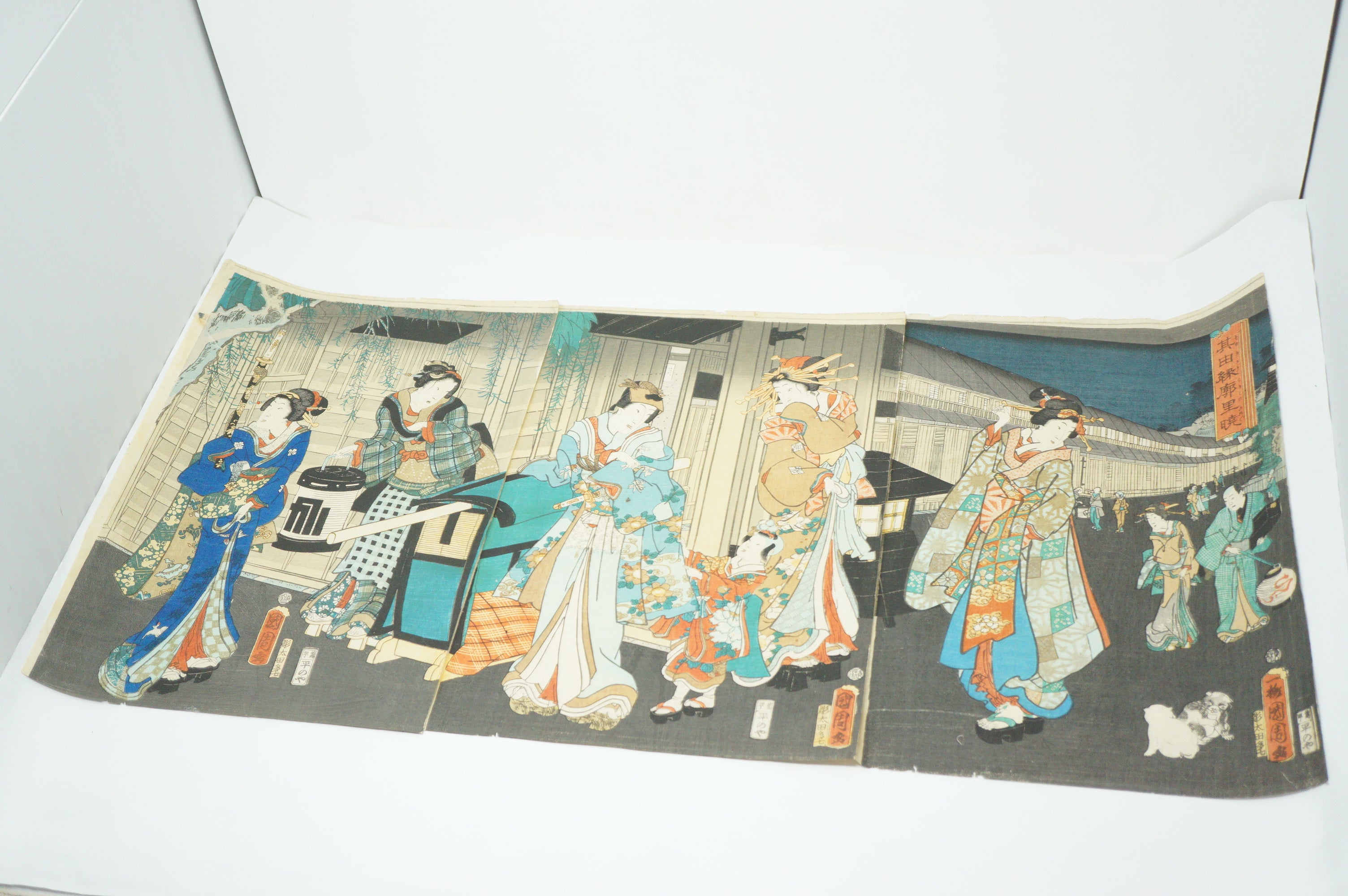 Japanischer Holzschnitt 1863 Original Triptychon von Toyohara Kunichika -Der Yoshiwara Bezirk- 0912E1