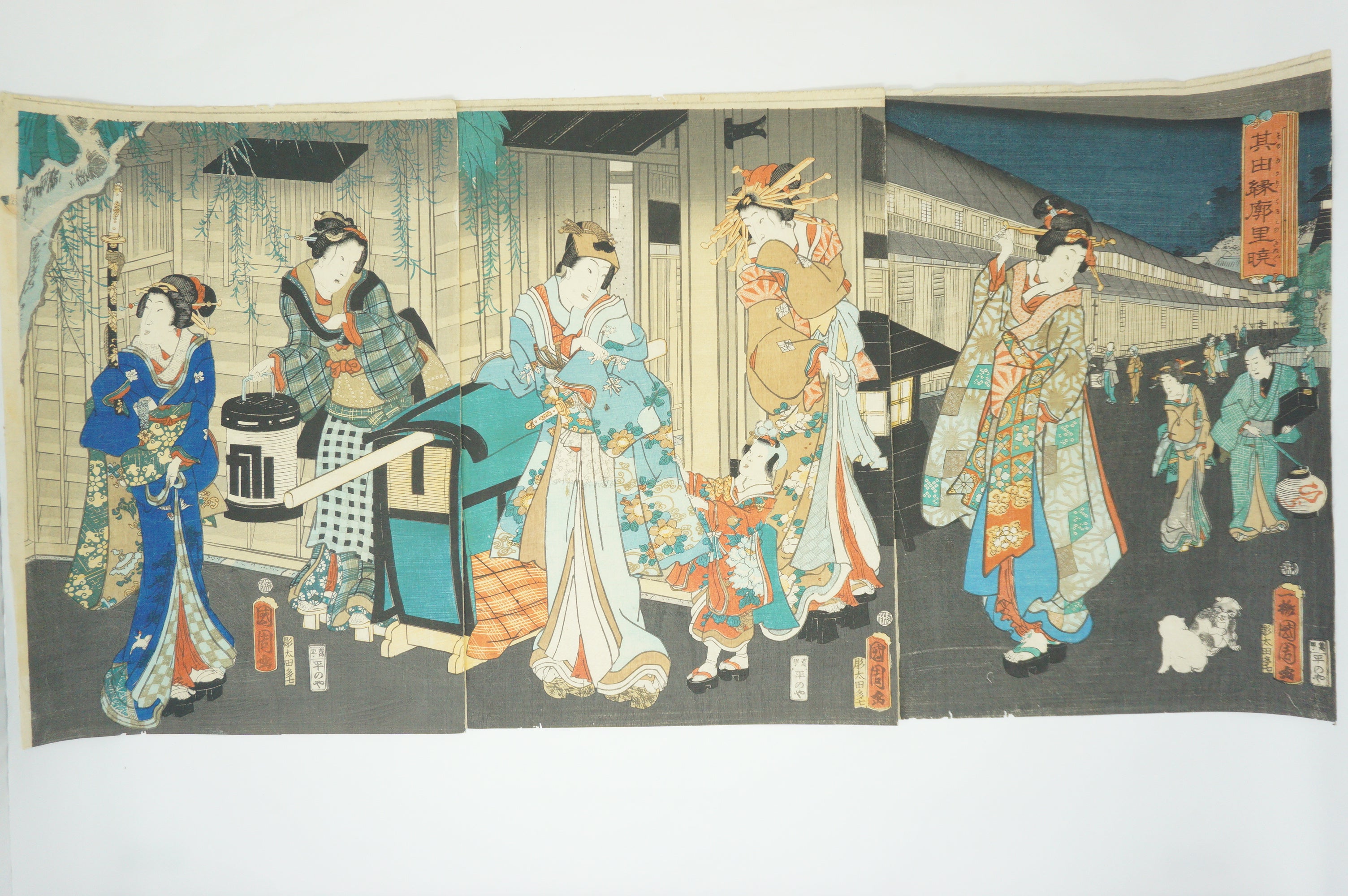 Japanischer Holzschnitt 1863 Original Triptychon von Toyohara Kunichika -Der Yoshiwara Bezirk- 0912E1