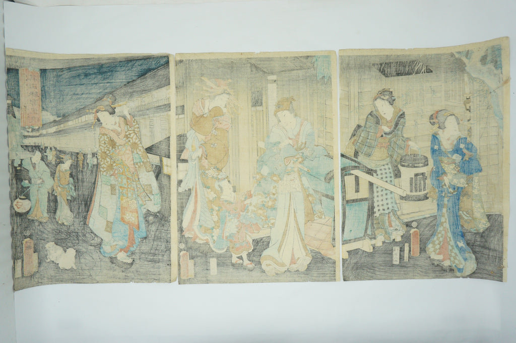 Japanischer Holzschnitt 1863 Original Triptychon von Toyohara Kunichika -Der Yoshiwara Bezirk- 0912E1