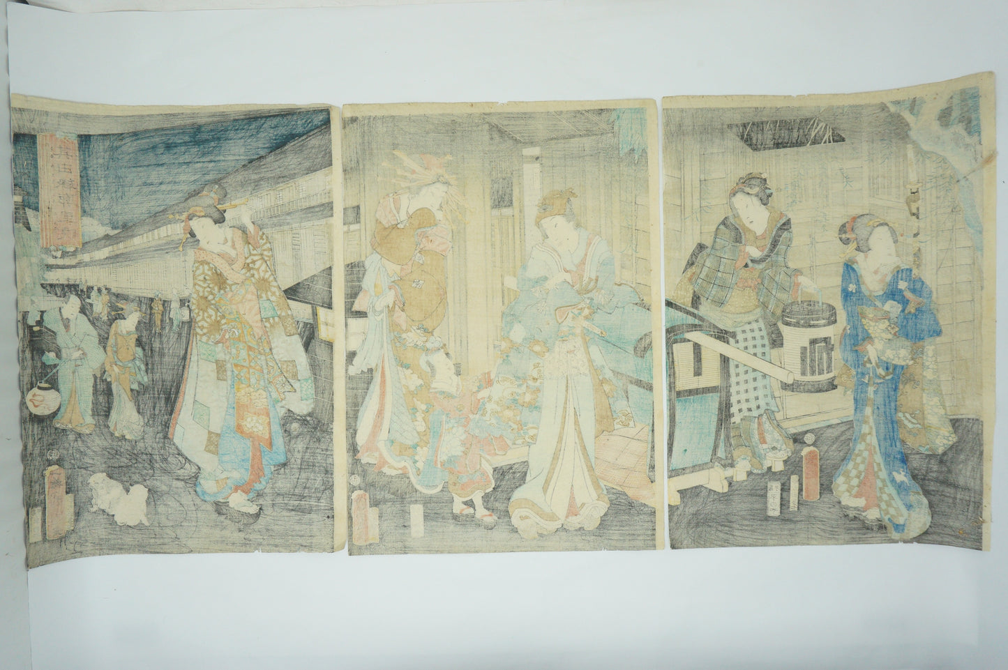 Japanese Woodblock Print 1863 Original Triptyque by Toyohara Kunichika -The Yoshiwara District- 0912E1